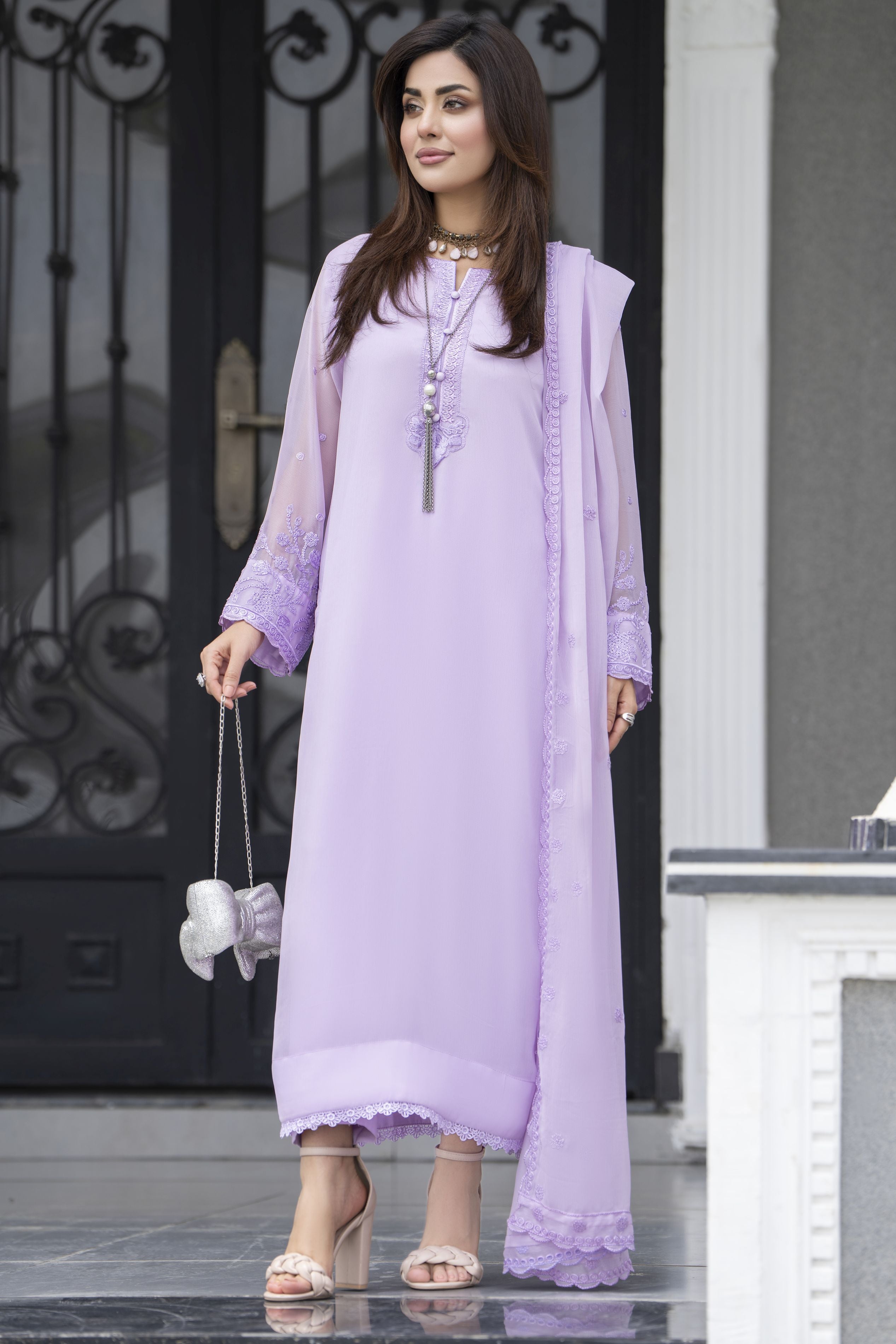 Gul Warun Lustre Chiffon – 3pc Ready to Wear Lilac Embroidered Chiffon Dress LSG5