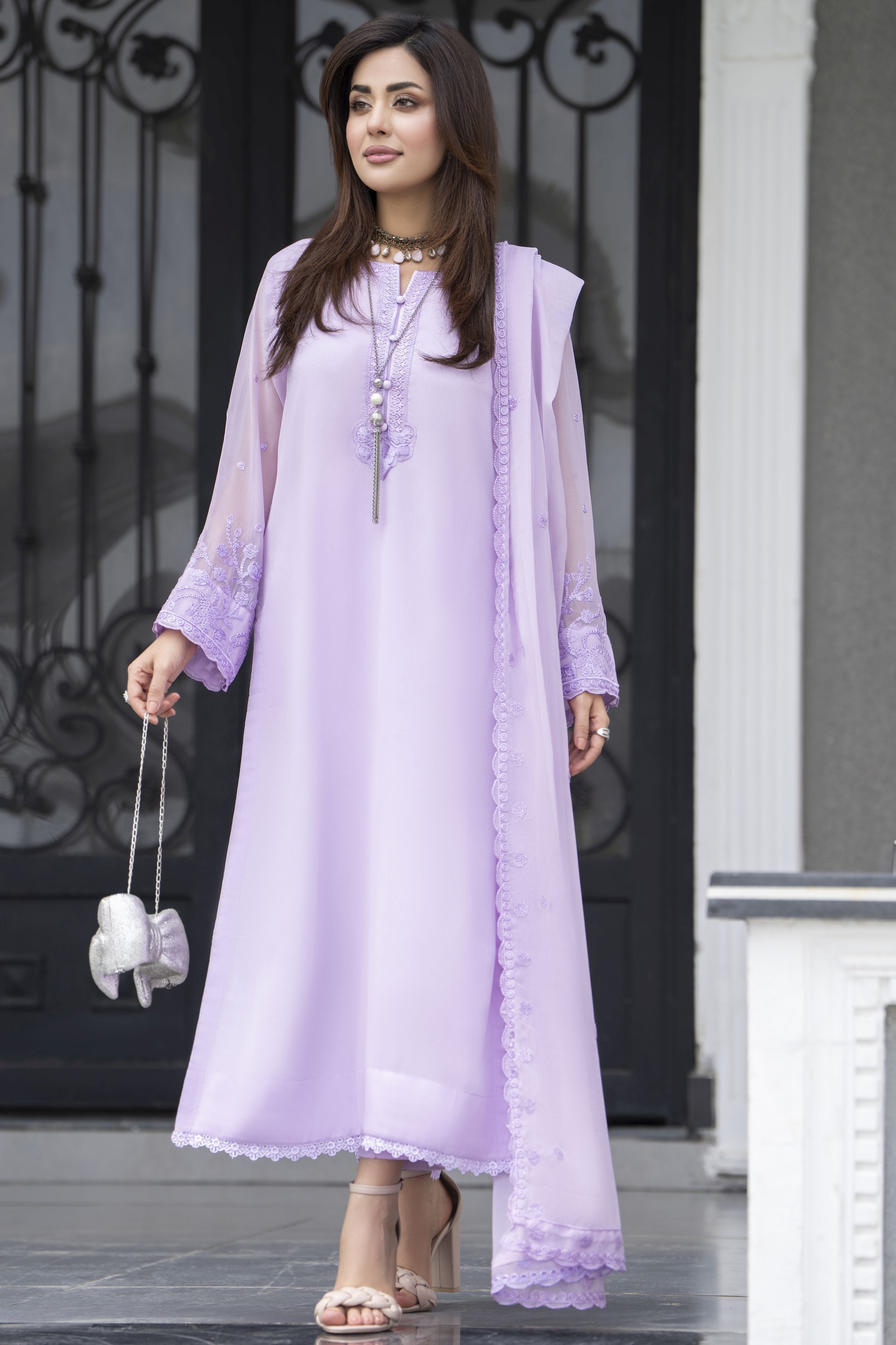 Gul Warun Lustre Chiffon – 3pc Ready to Wear Lilac Embroidered Chiffon Dress LSG5