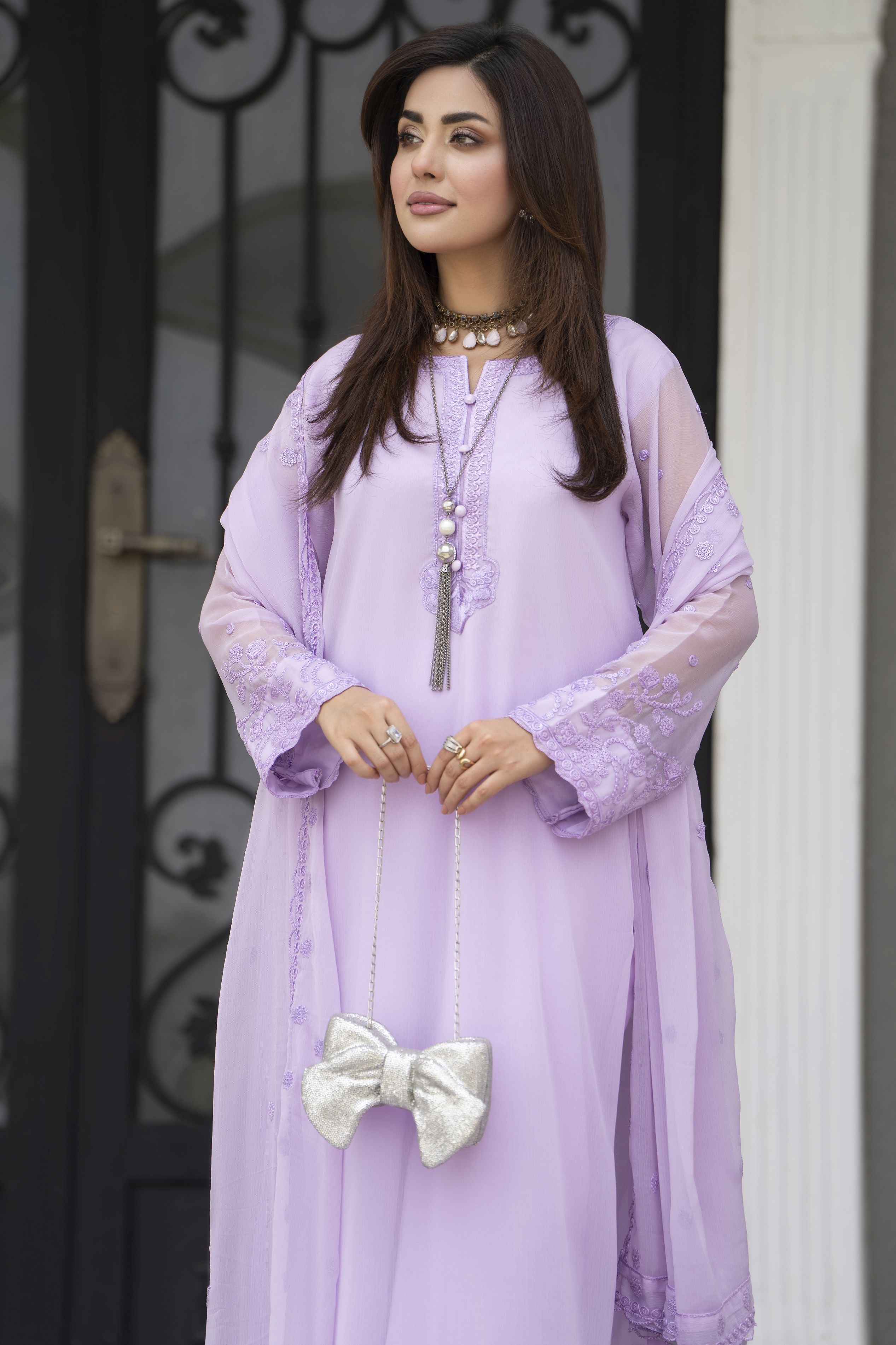 Gul Warun Lustre Chiffon – 3pc Ready to Wear Lilac Embroidered Chiffon Dress LSG5