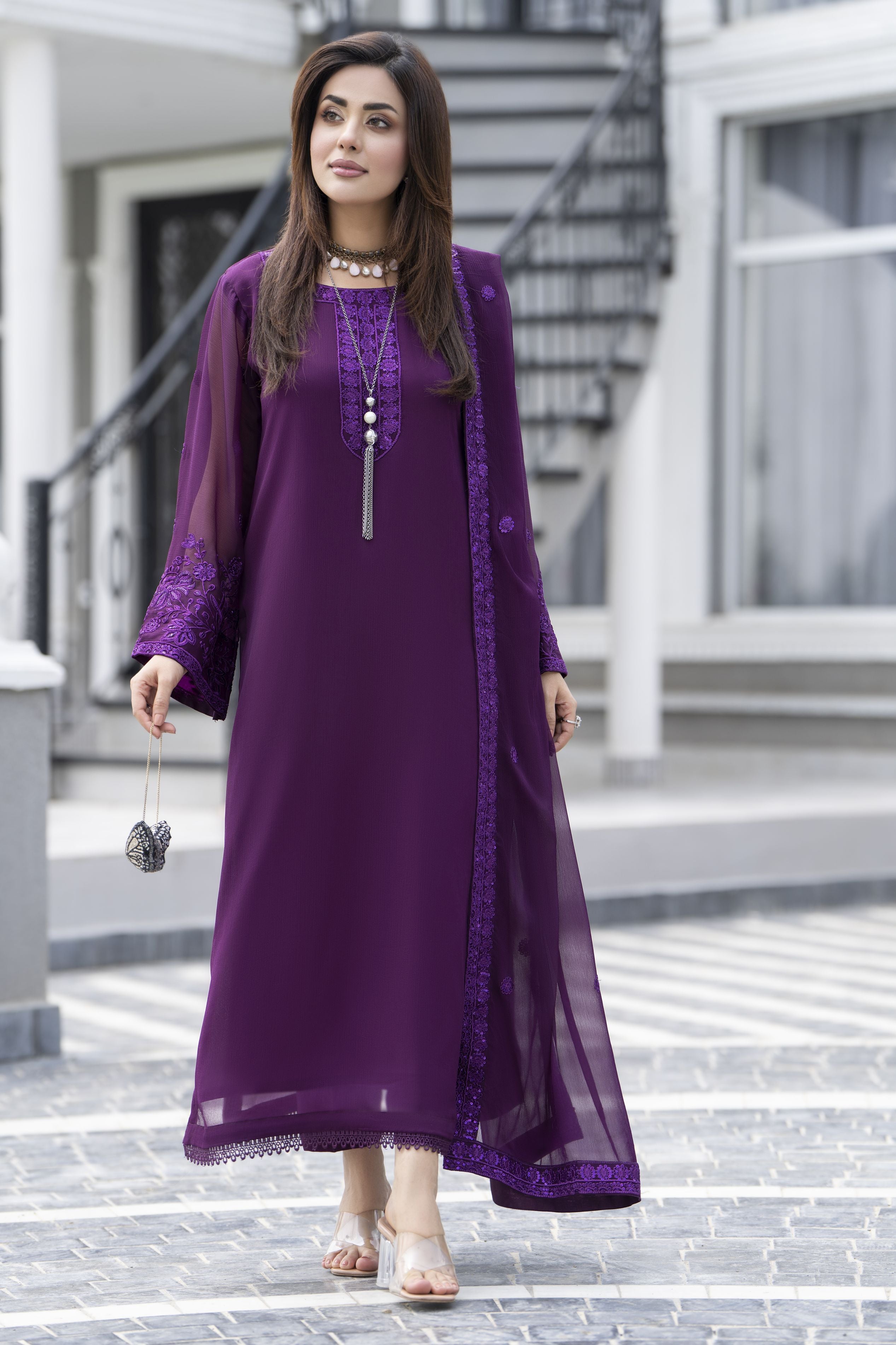 Gul Warun Lustre Chiffon – 3pc Ready to Wear Purple Embroidered Chiffon Dress LSG2