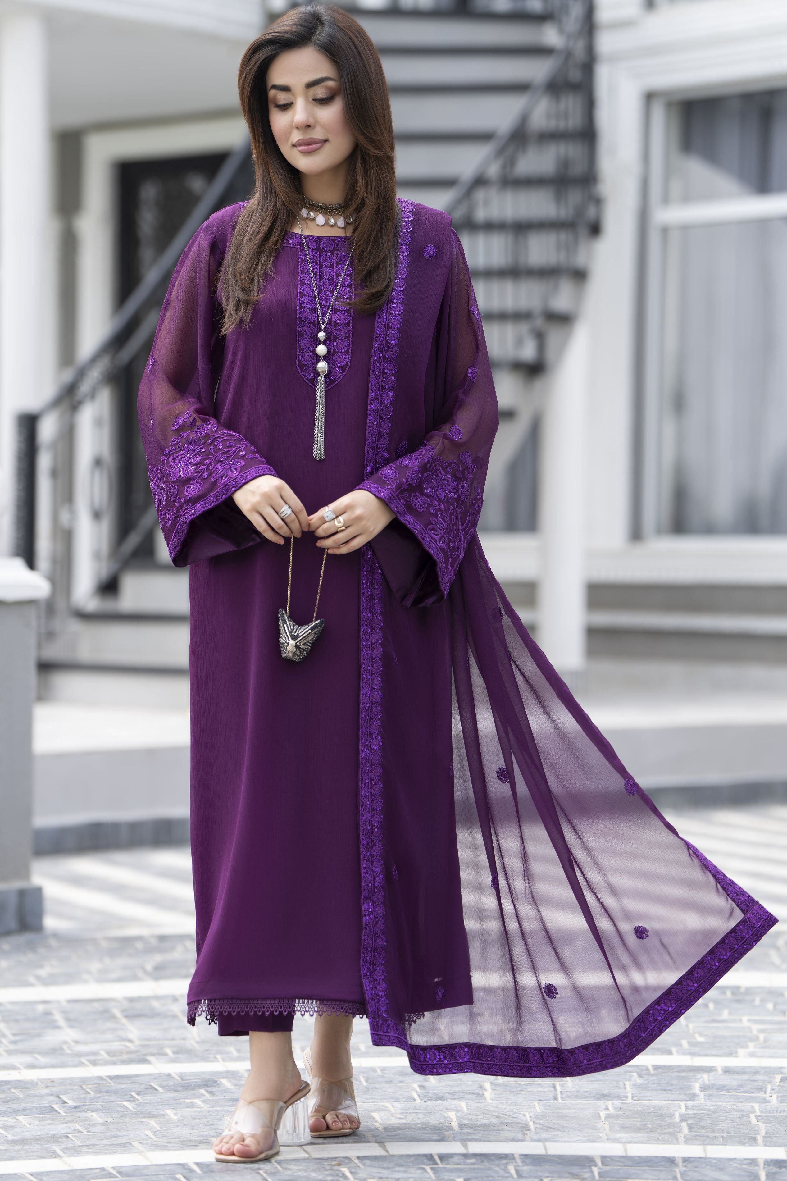 Gul Warun Lustre Chiffon – 3pc Ready to Wear Purple Embroidered Chiffon Dress LSG2