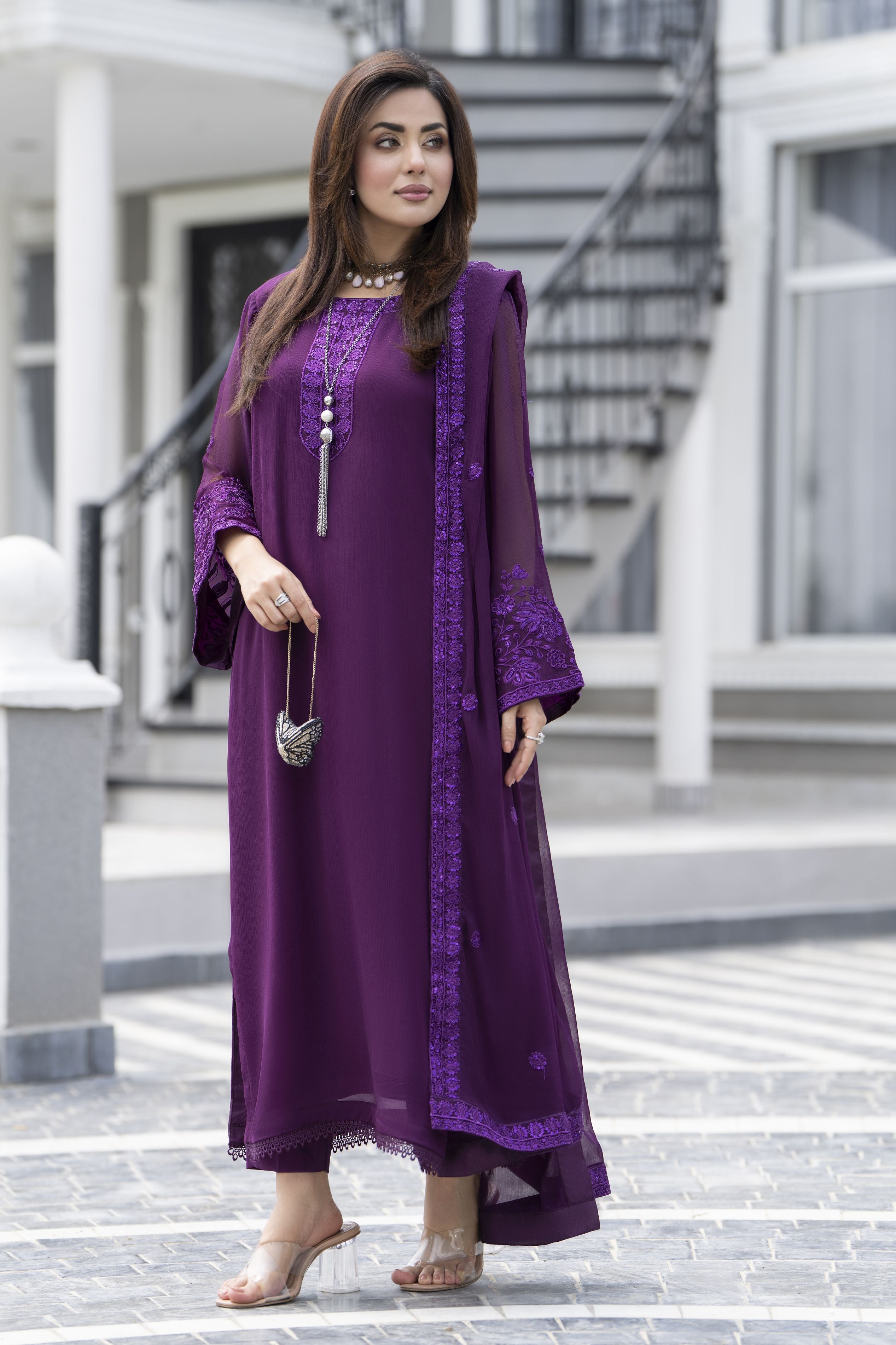 Gul Warun Lustre Chiffon – 3pc Ready to Wear Purple Embroidered Chiffon Dress LSG2