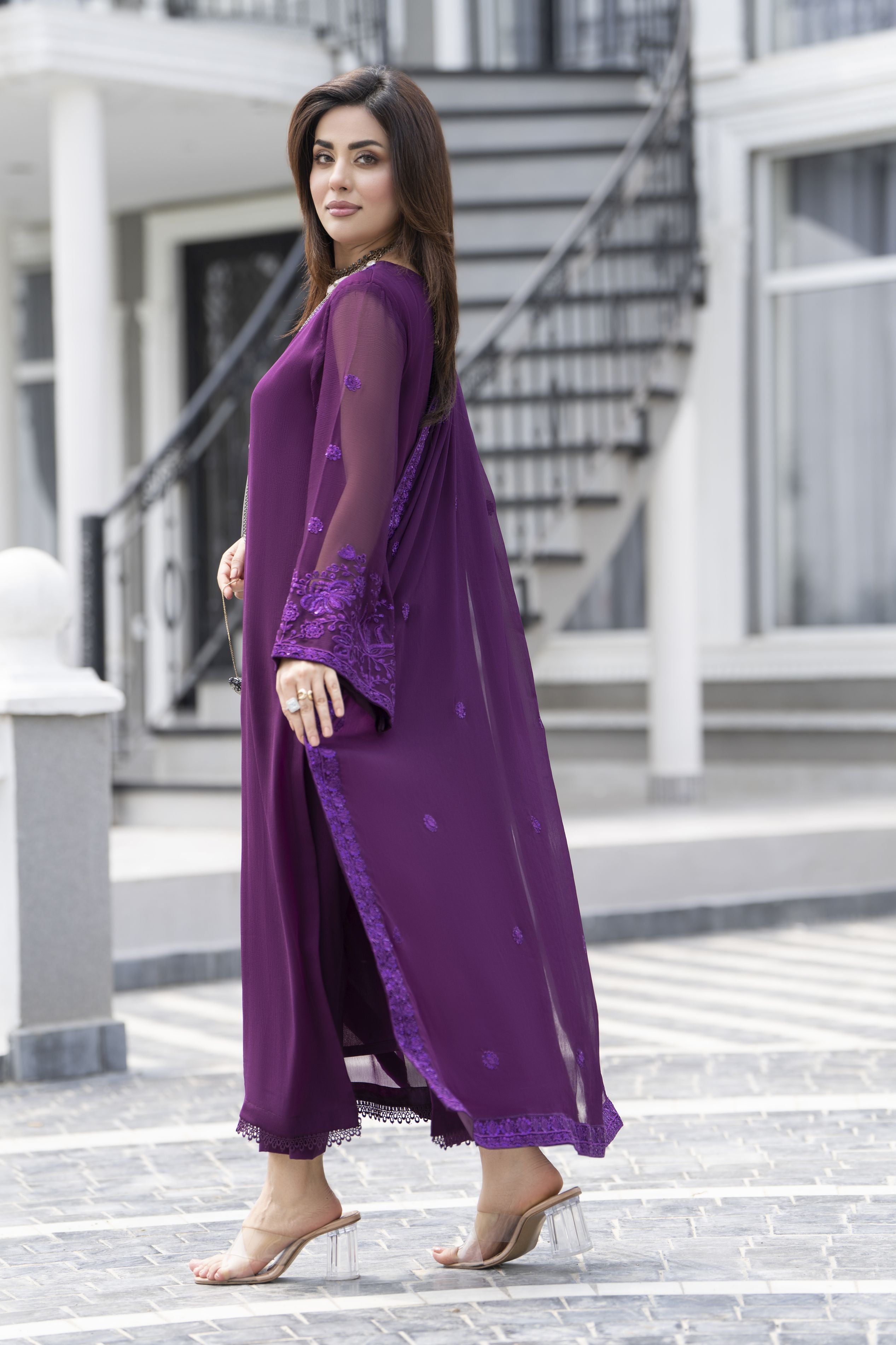 Gul Warun Lustre Chiffon – 3pc Ready to Wear Purple Embroidered Chiffon Dress LSG2
