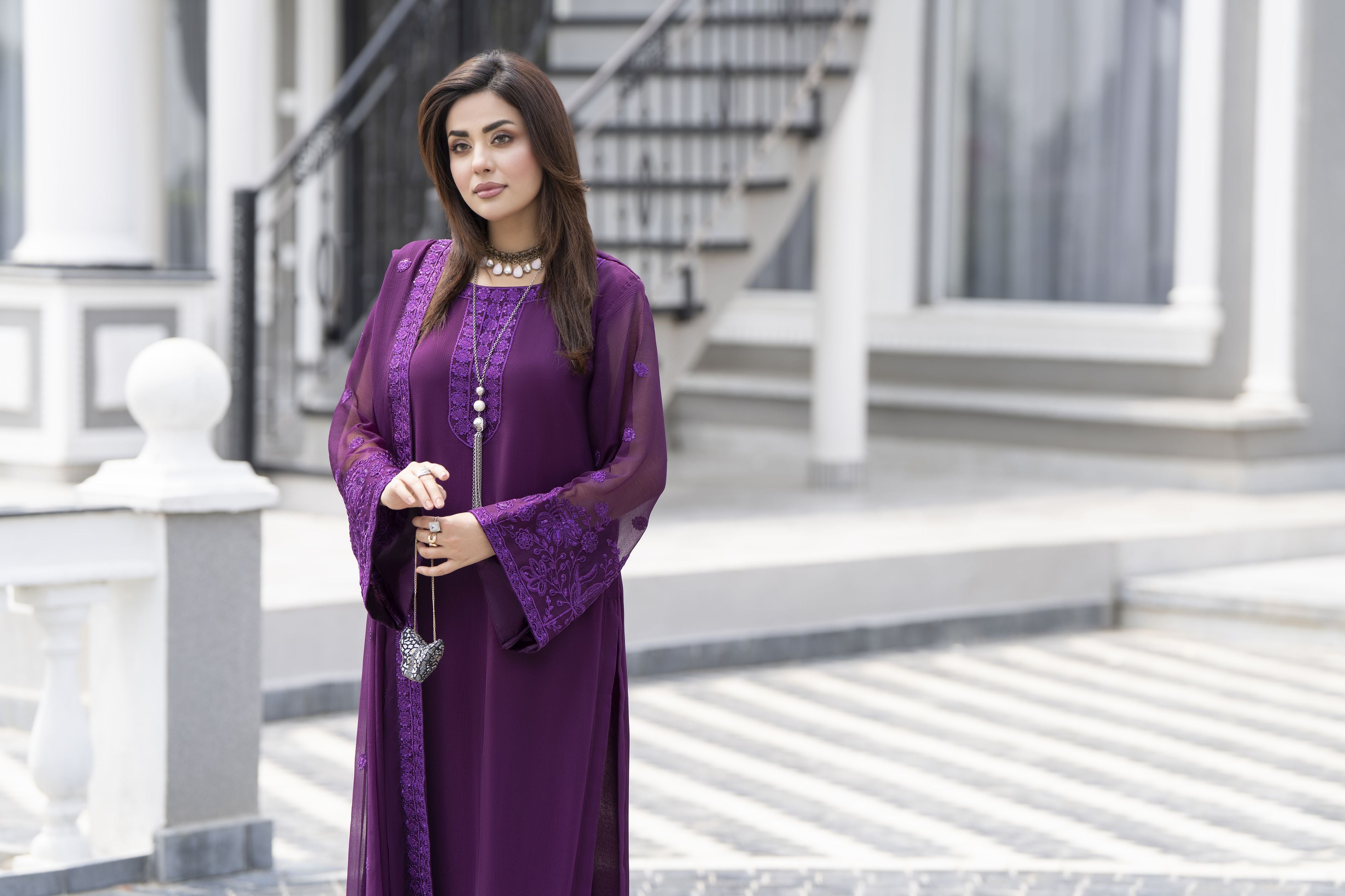 Gul Warun Lustre Chiffon – 3pc Ready to Wear Purple Embroidered Chiffon Dress LSG2