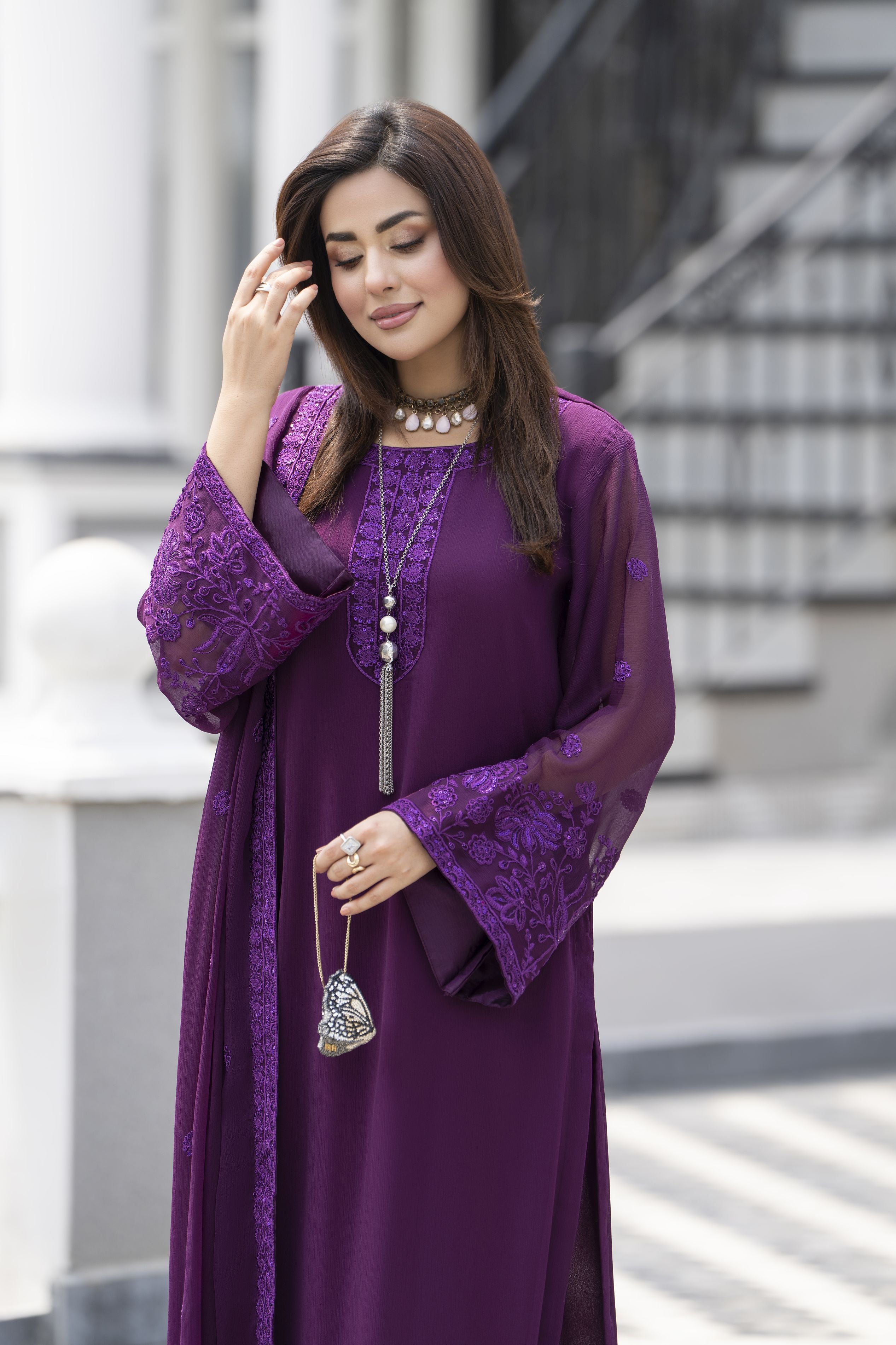 Gul Warun Lustre Chiffon – 3pc Ready to Wear Purple Embroidered Chiffon Dress LSG2