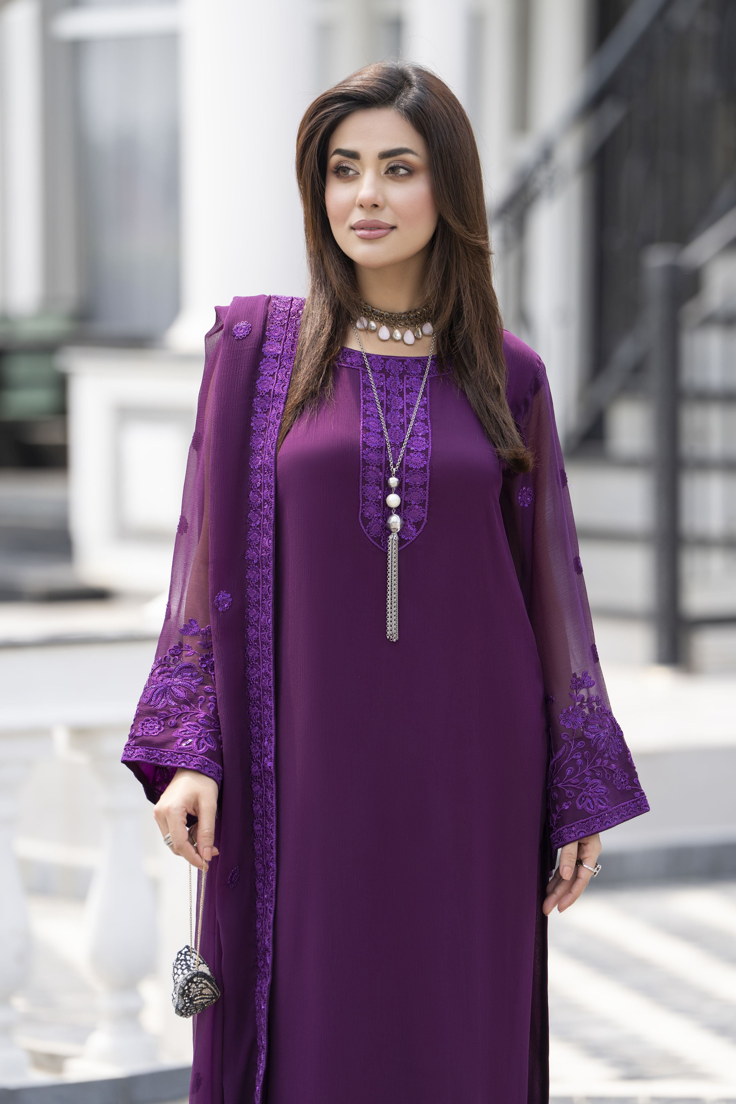 Gul Warun Lustre Chiffon – 3pc Ready to Wear Purple Embroidered Chiffon Dress LSG2
