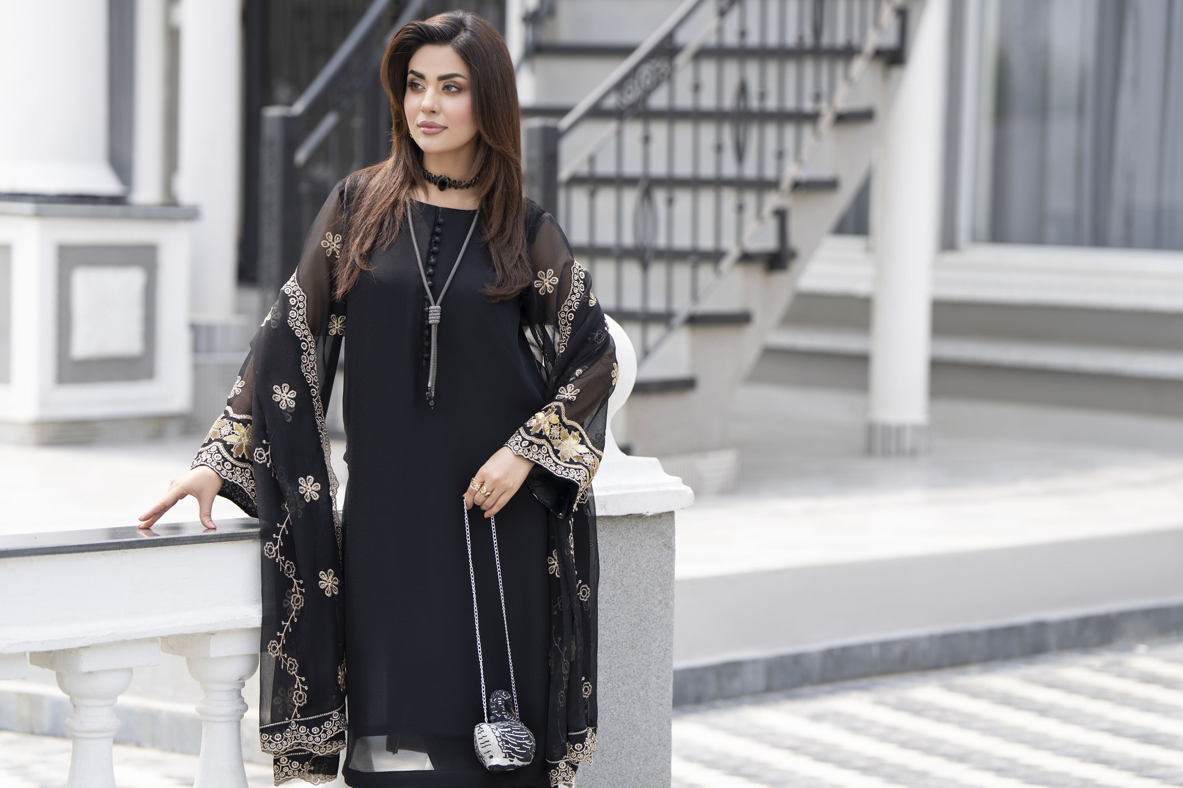 Gul Warun Lustre Chiffon – 3pc Ready to Wear Black Embroidered Long Dress LSG7