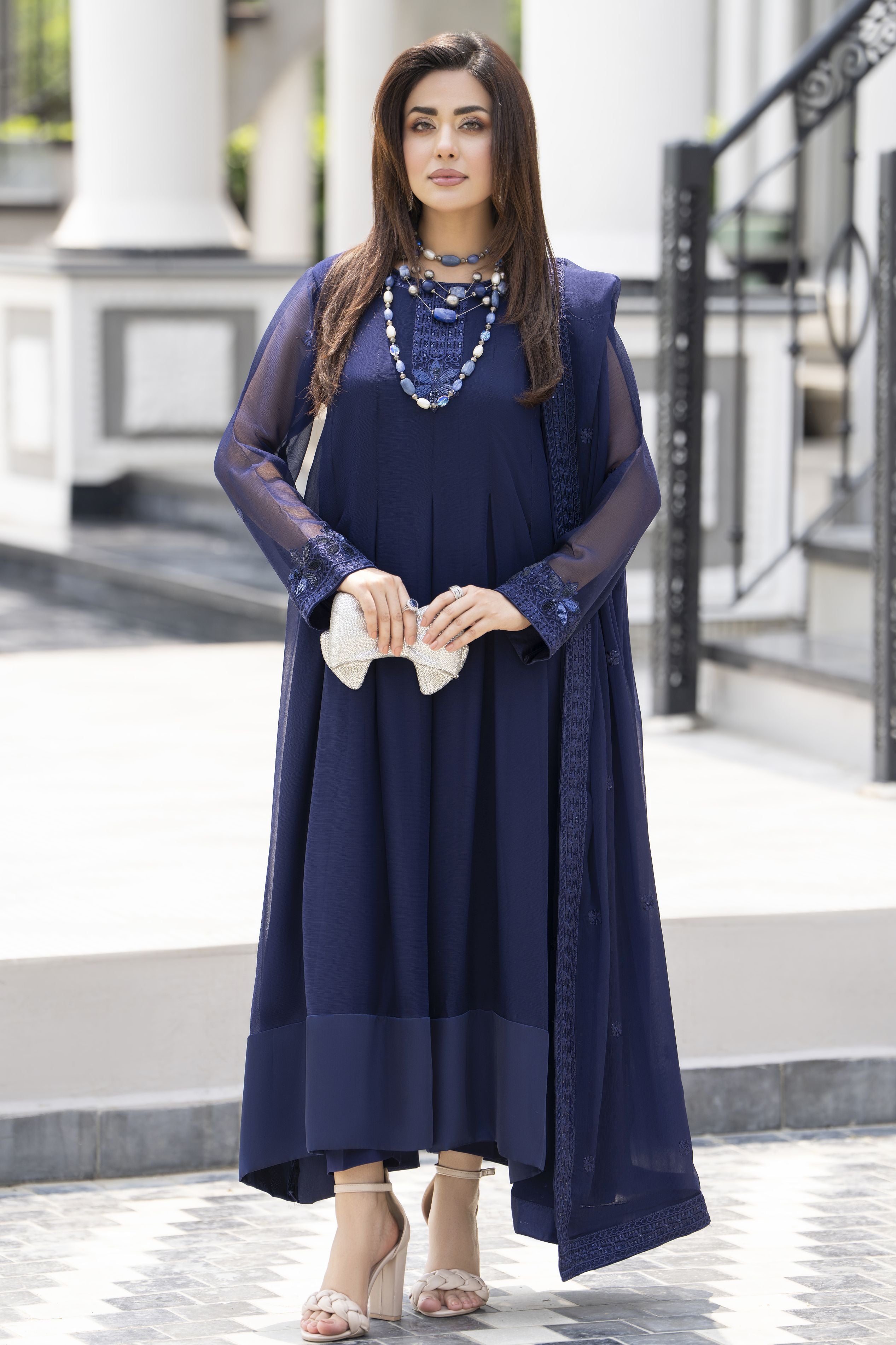 Gul Warun Lustre Chiffon – 3pc Ready to Wear Navy Blue Embroidered Chiffon Frock Dress LSG4