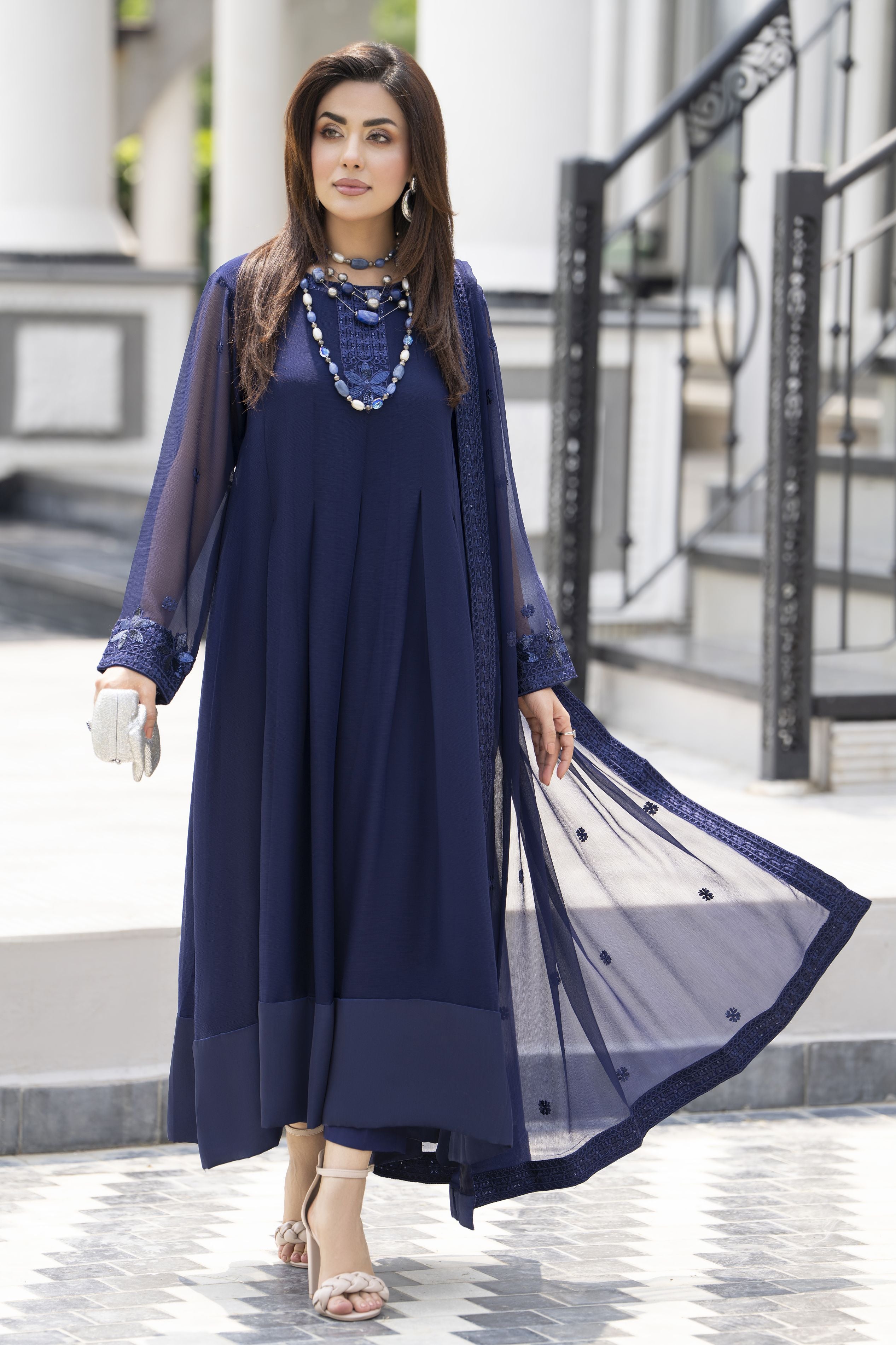 Gul Warun Lustre Chiffon – 3pc Ready to Wear Navy Blue Embroidered Chiffon Frock Dress LSG4