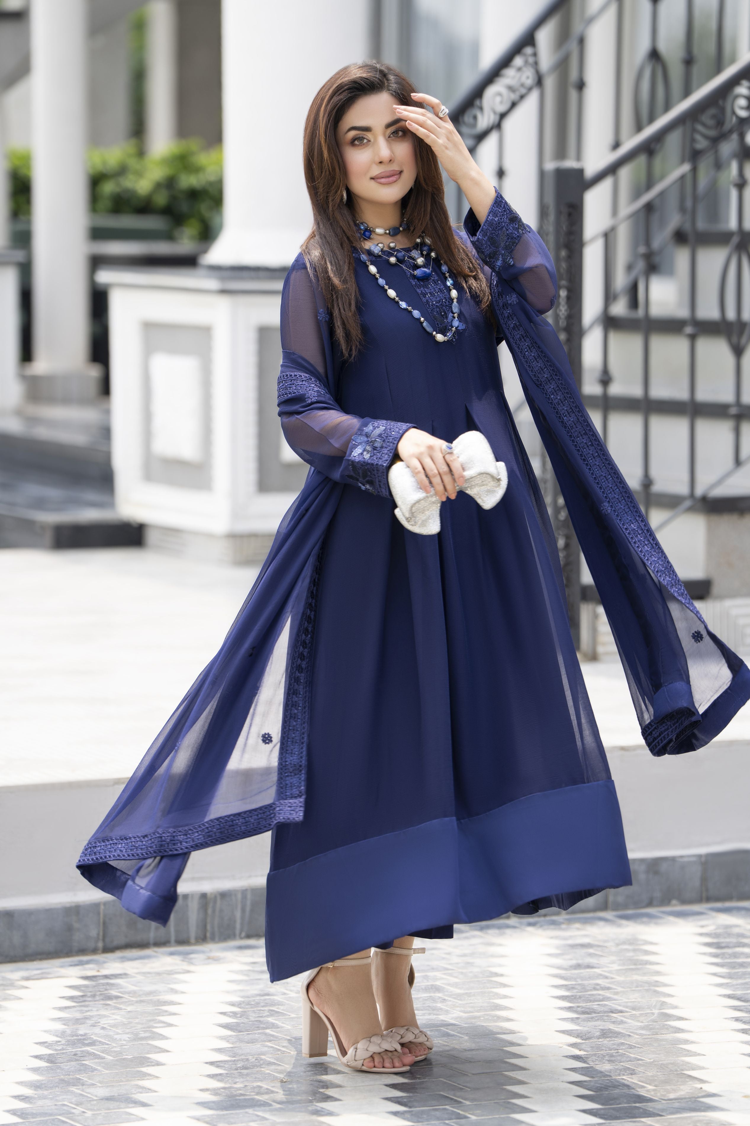 Gul Warun Lustre Chiffon – 3pc Ready to Wear Navy Blue Embroidered Chiffon Frock Dress LSG4