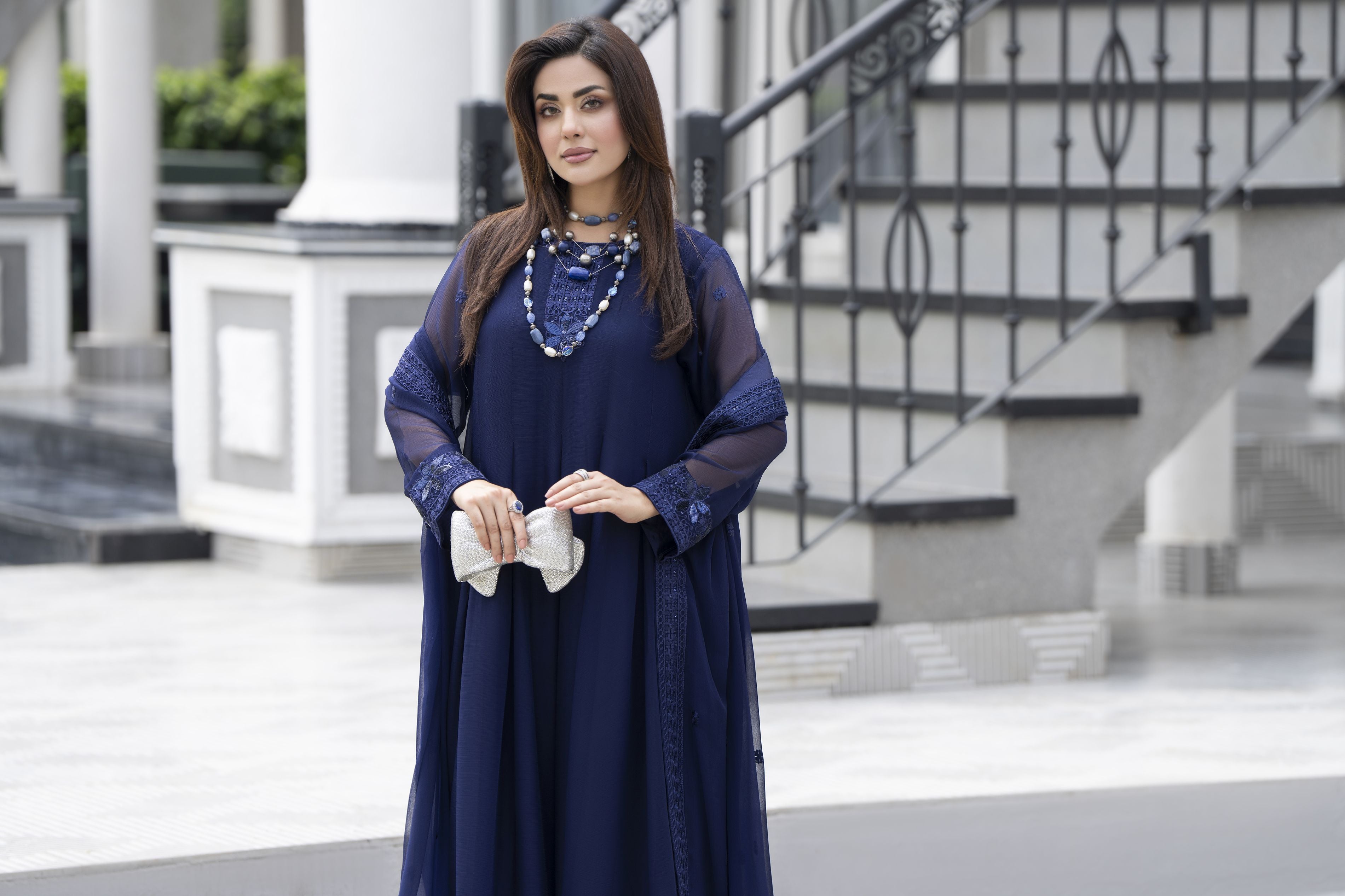 Gul Warun Lustre Chiffon – 3pc Ready to Wear Navy Blue Embroidered Chiffon Frock Dress LSG4