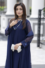 Gul Warun Lustre Chiffon – 3pc Ready to Wear Navy Blue Embroidered Chiffon Frock Dress LSG4