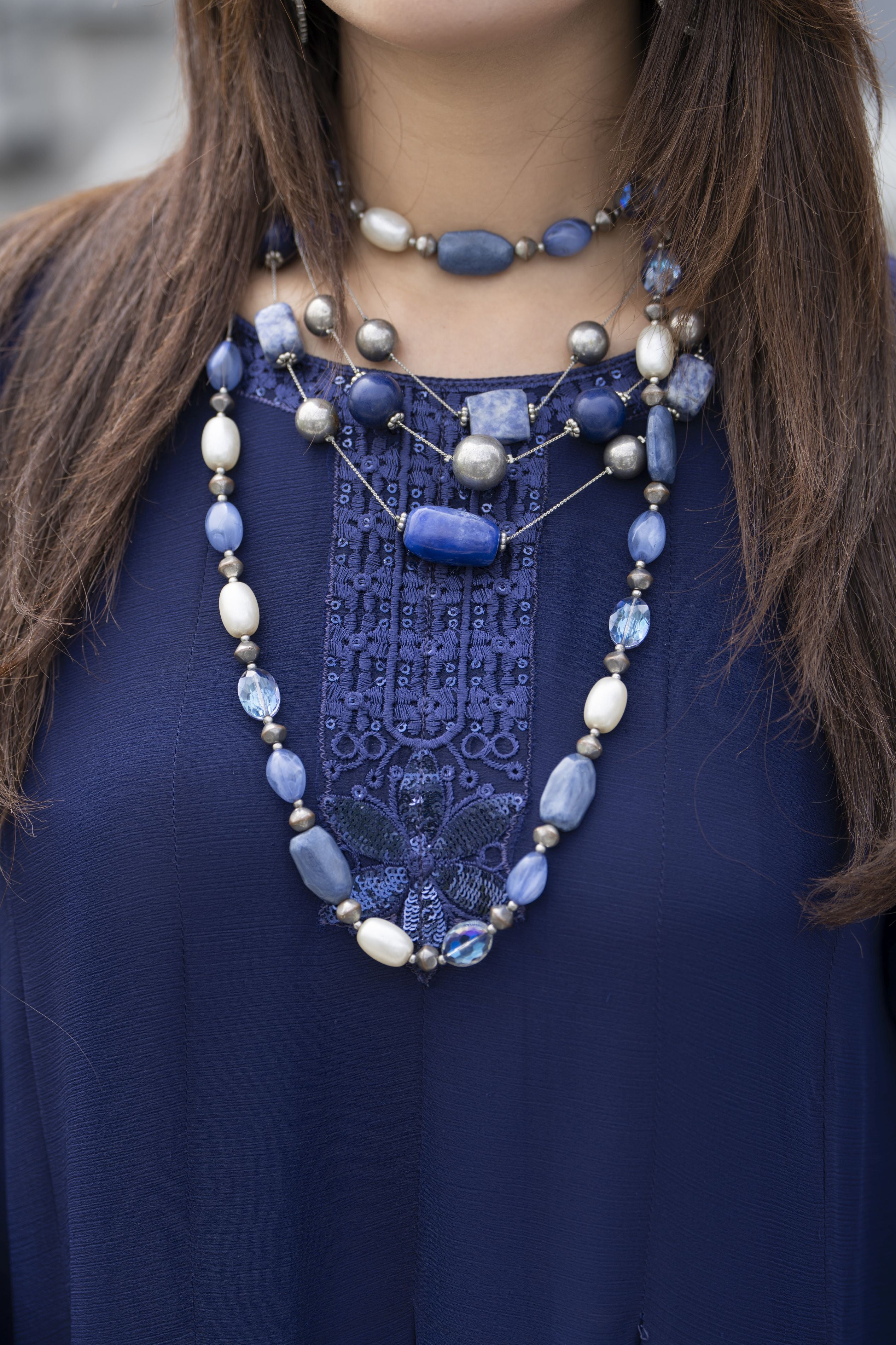 Gul Warun Lustre Chiffon – 3pc Ready to Wear Navy Blue Embroidered Chiffon Frock Dress LSG4