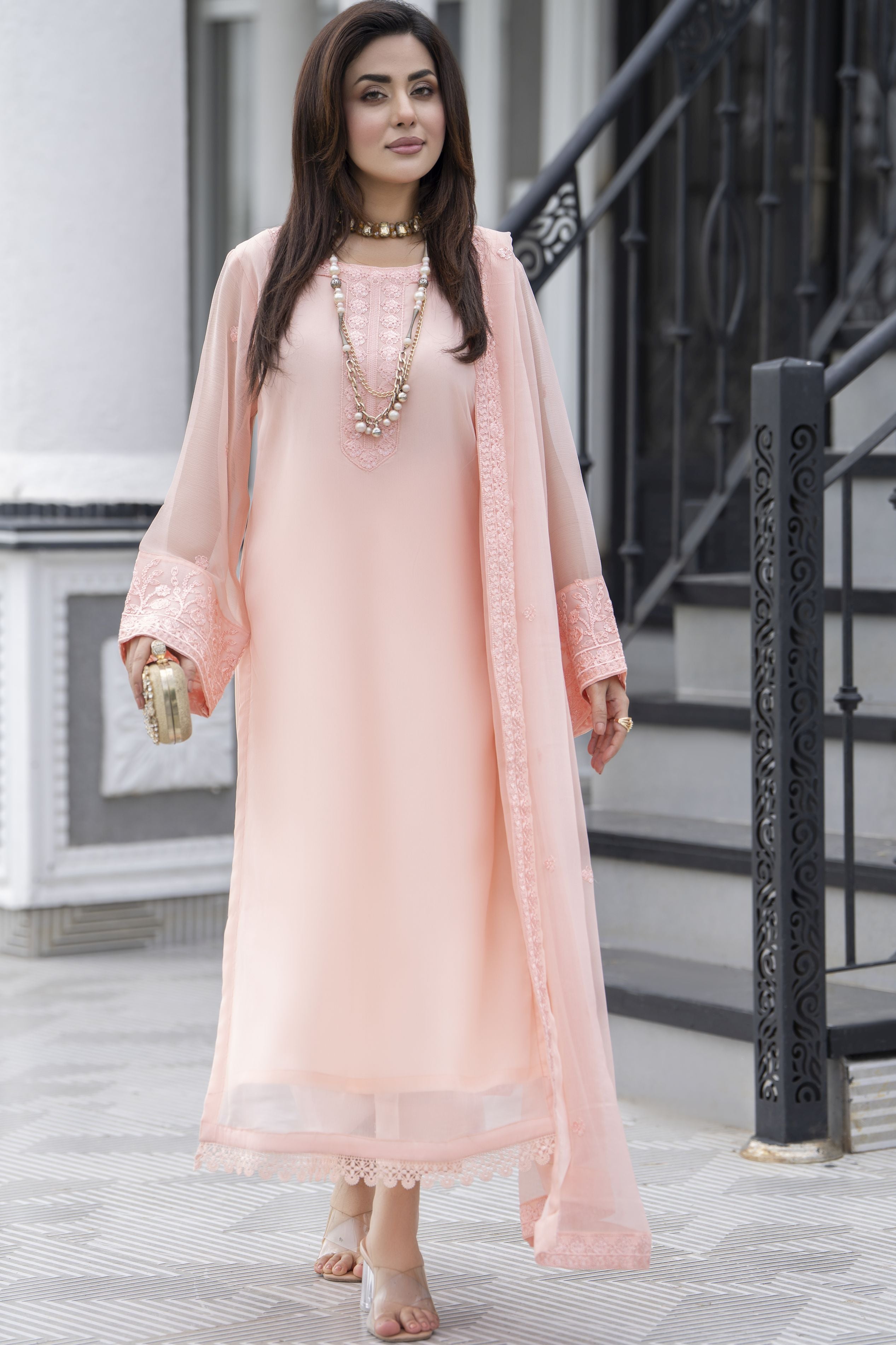 Gul Warun Lustre Chiffon – 3pc Ready to Wear Peach Embroidered Chiffon Dress LSG1