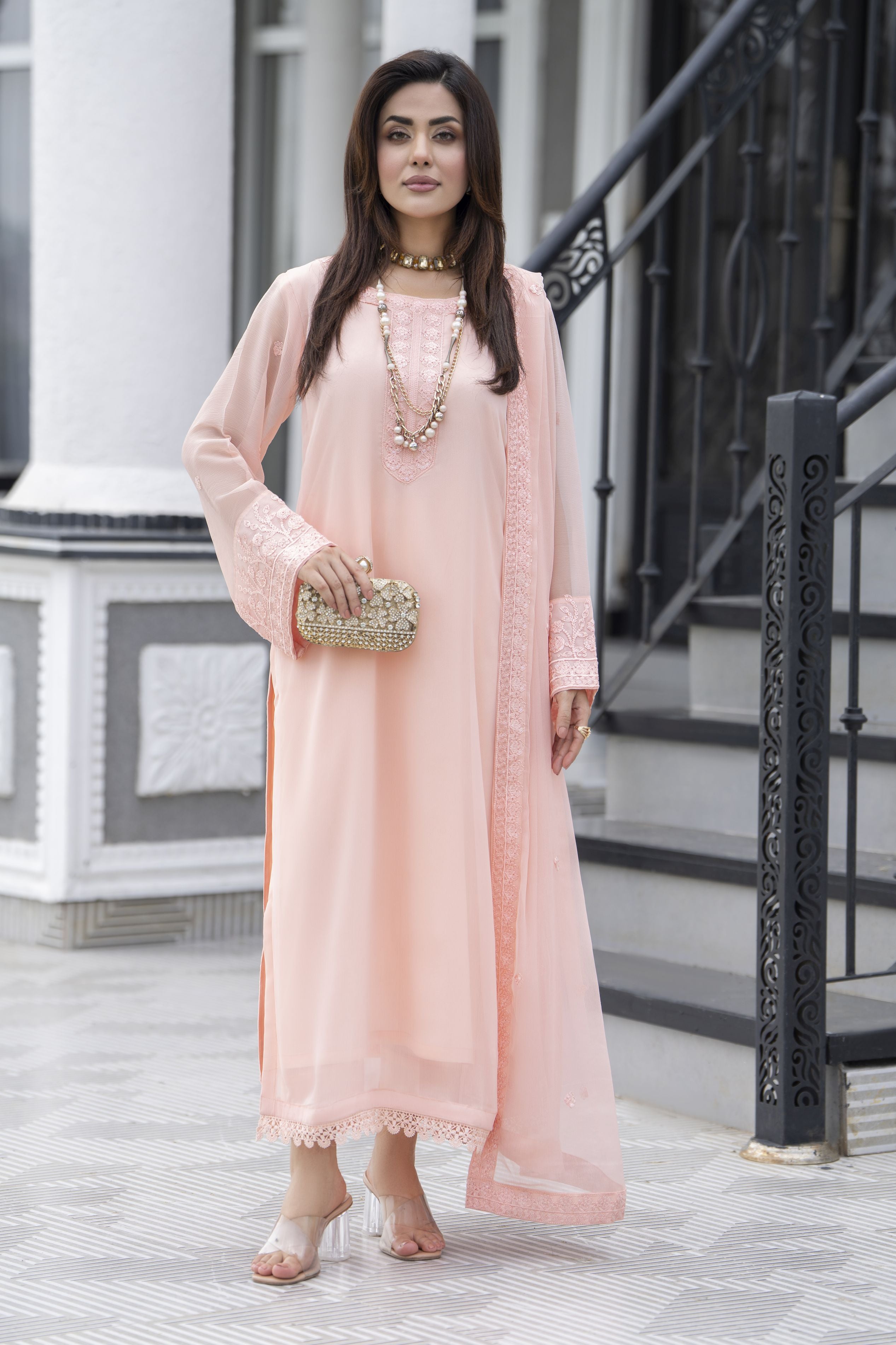 Gul Warun Lustre Chiffon – 3pc Ready to Wear Peach Embroidered Chiffon Dress LSG1