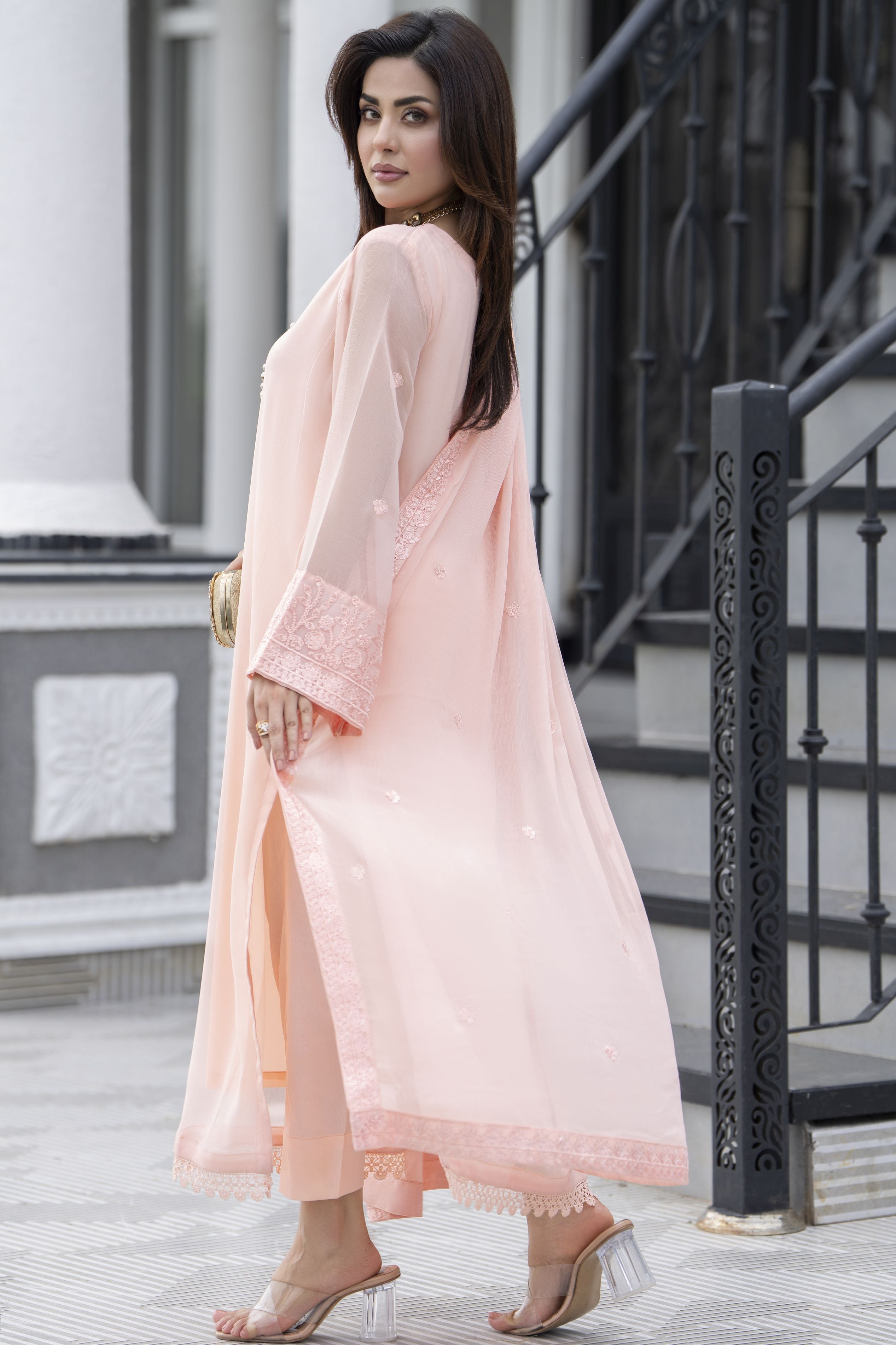 Gul Warun Lustre Chiffon – 3pc Ready to Wear Peach Embroidered Chiffon Dress LSG1