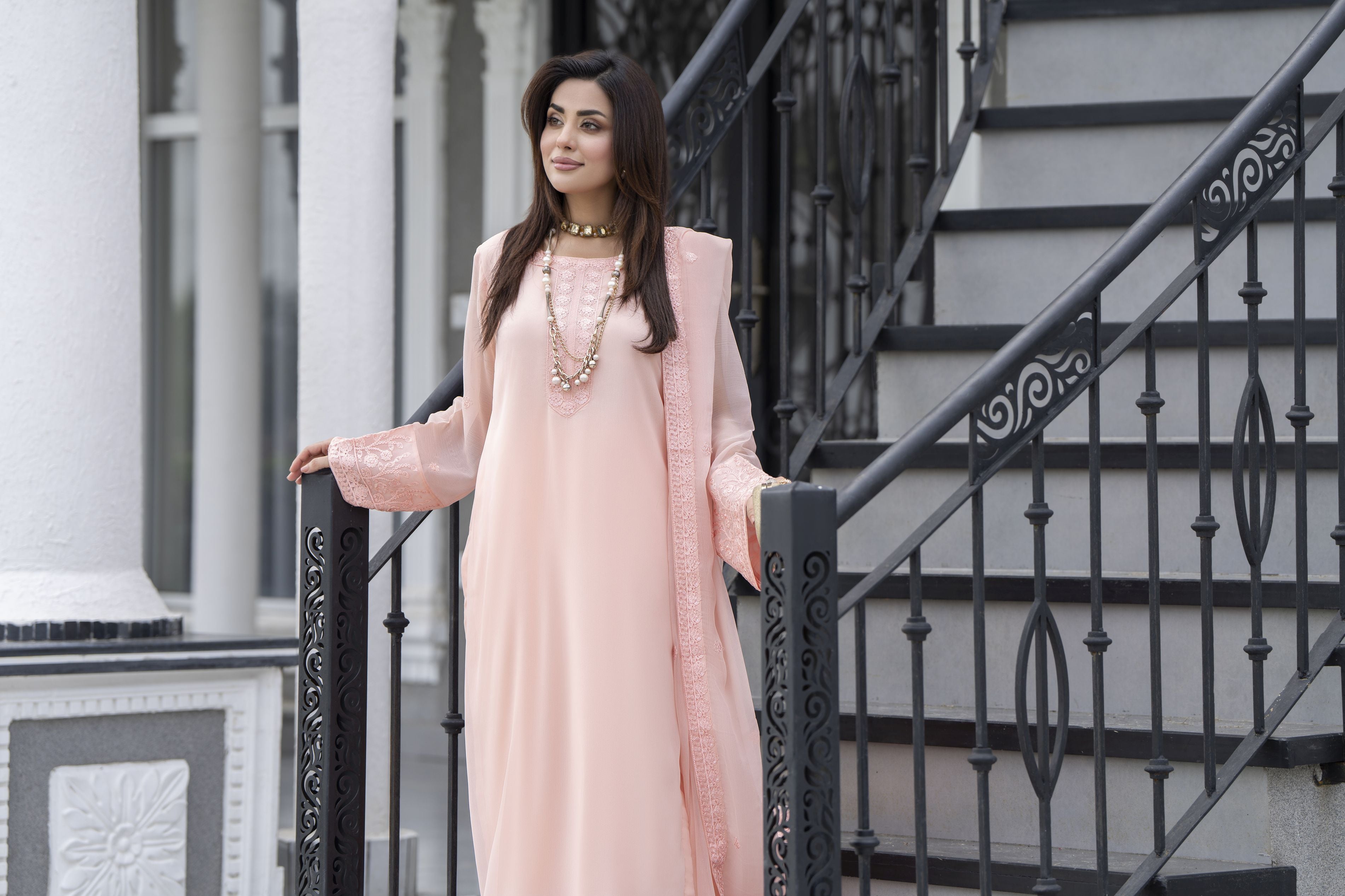 Gul Warun Lustre Chiffon – 3pc Ready to Wear Peach Embroidered Chiffon Dress LSG1