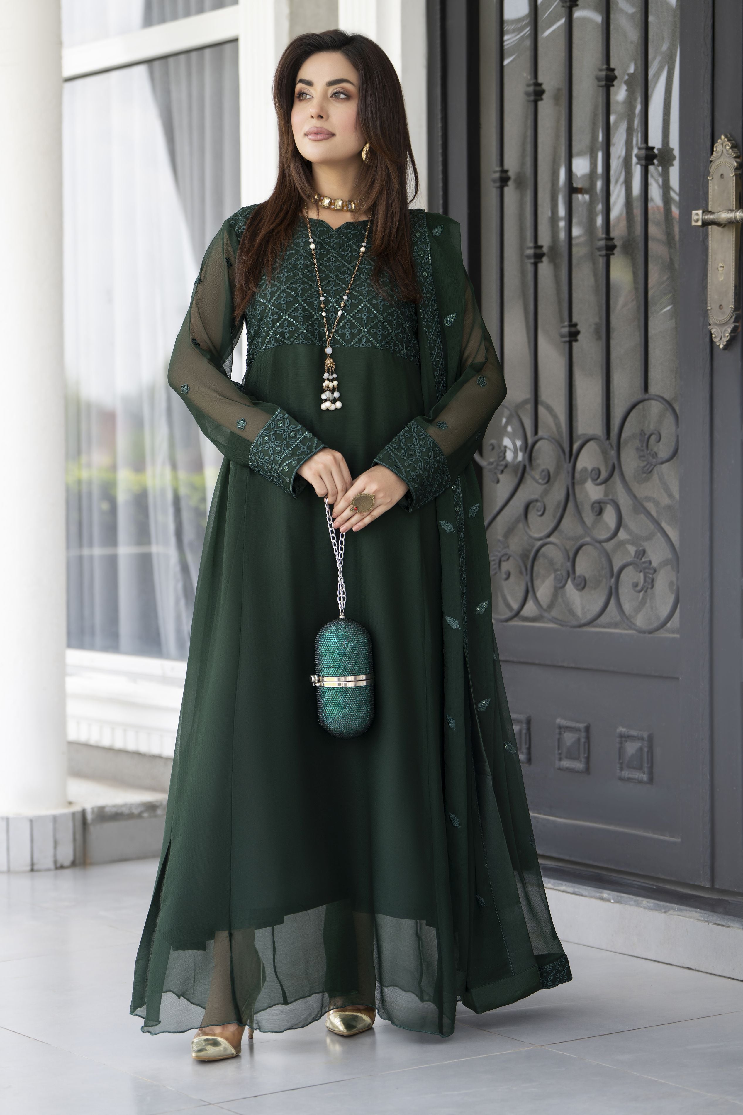 Gul Warun Lustre Chiffon – 3pc Ready to Wear Emerald Green Long Frock Dress LSG6