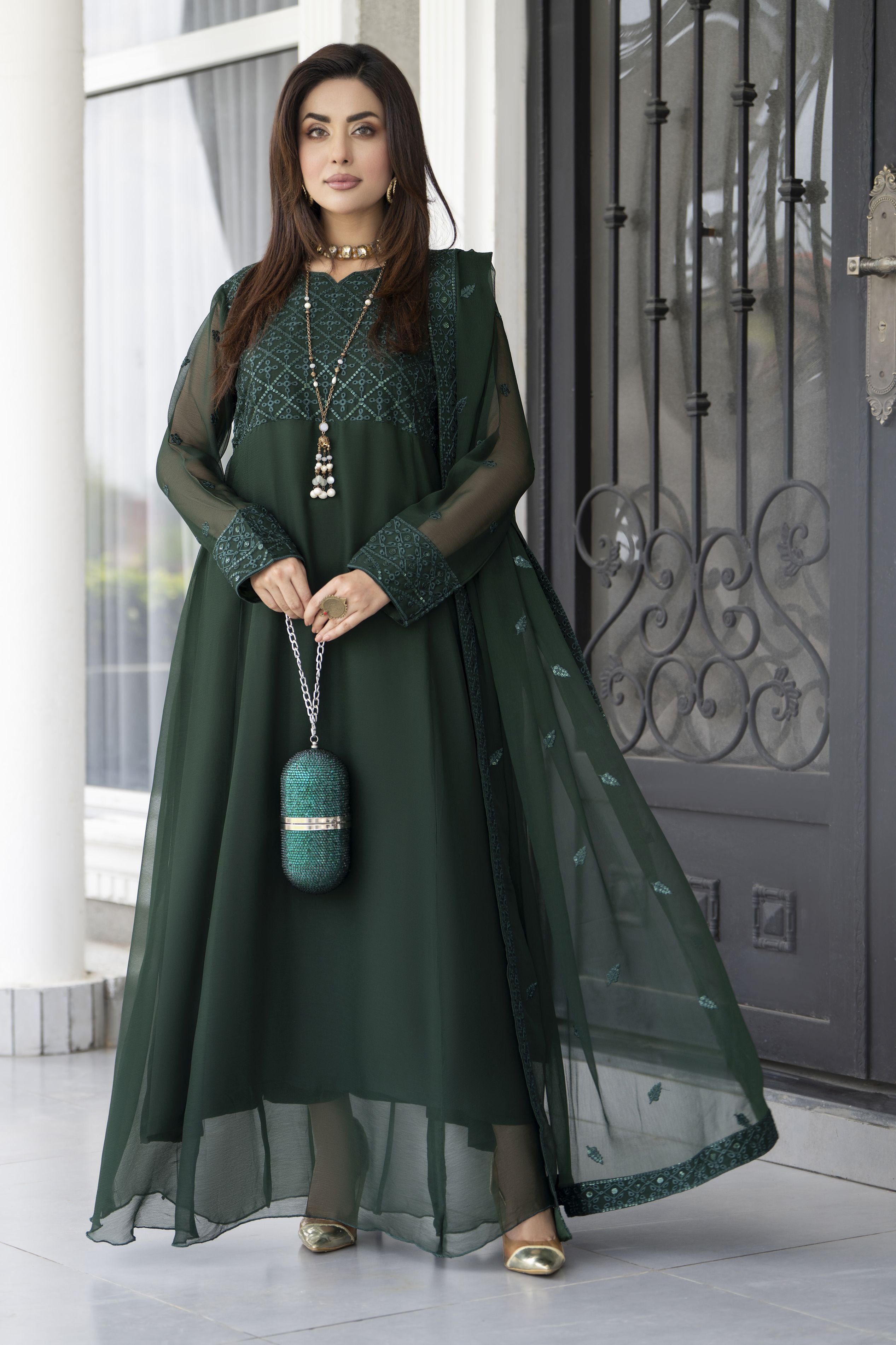 Gul Warun Lustre Chiffon – 3pc Ready to Wear Emerald Green Long Frock Dress LSG6