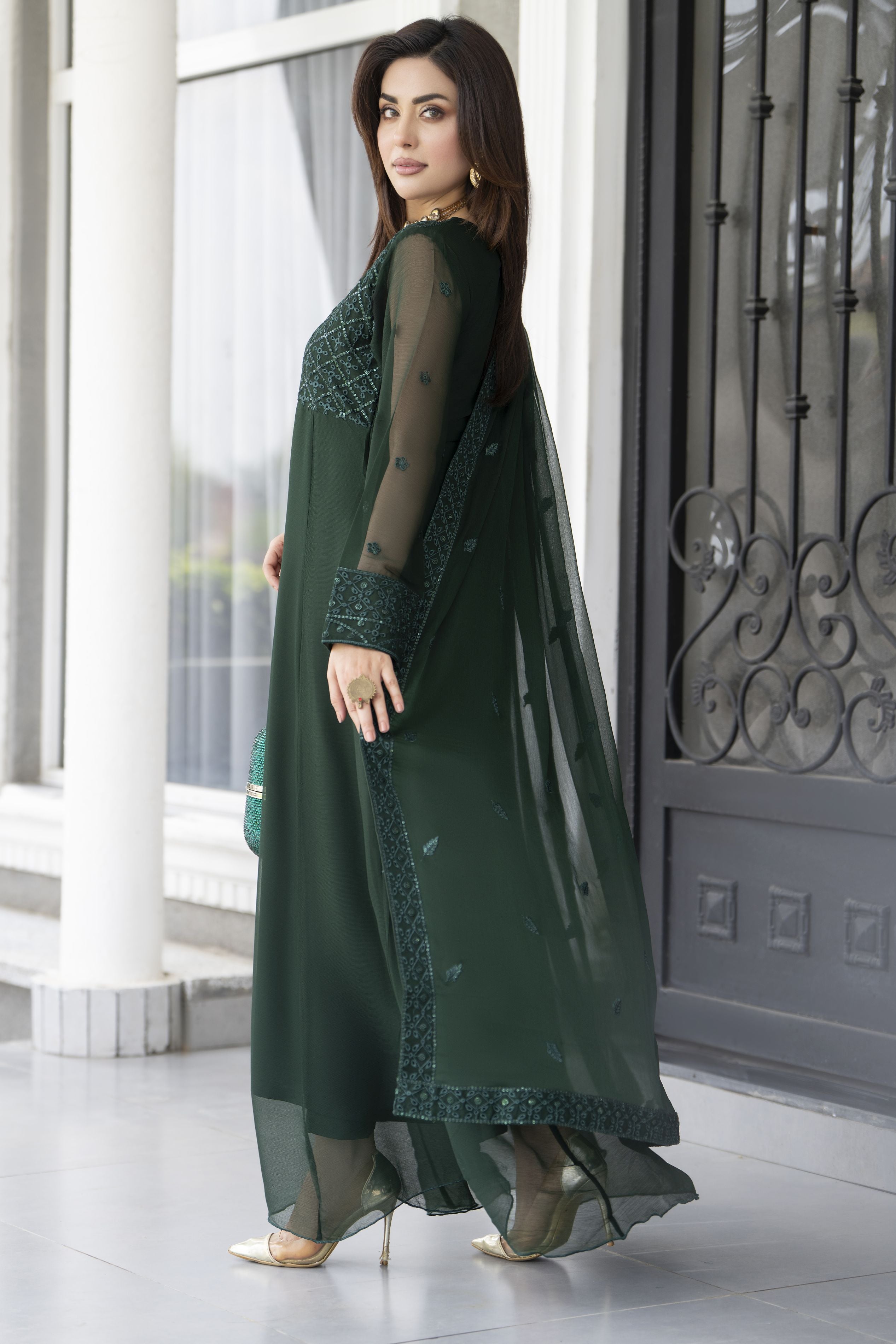 Gul Warun Lustre Chiffon – 3pc Ready to Wear Emerald Green Long Frock Dress LSG6