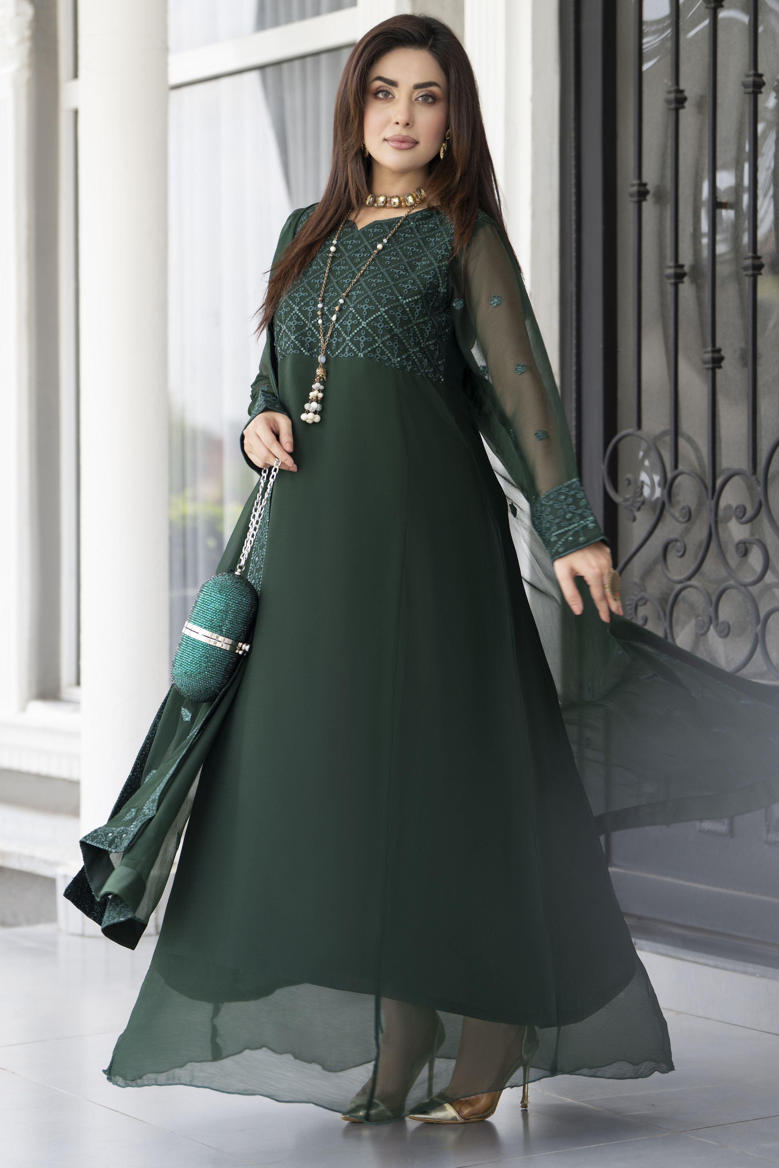 Gul Warun Lustre Chiffon – 3pc Ready to Wear Emerald Green Long Frock Dress LSG6