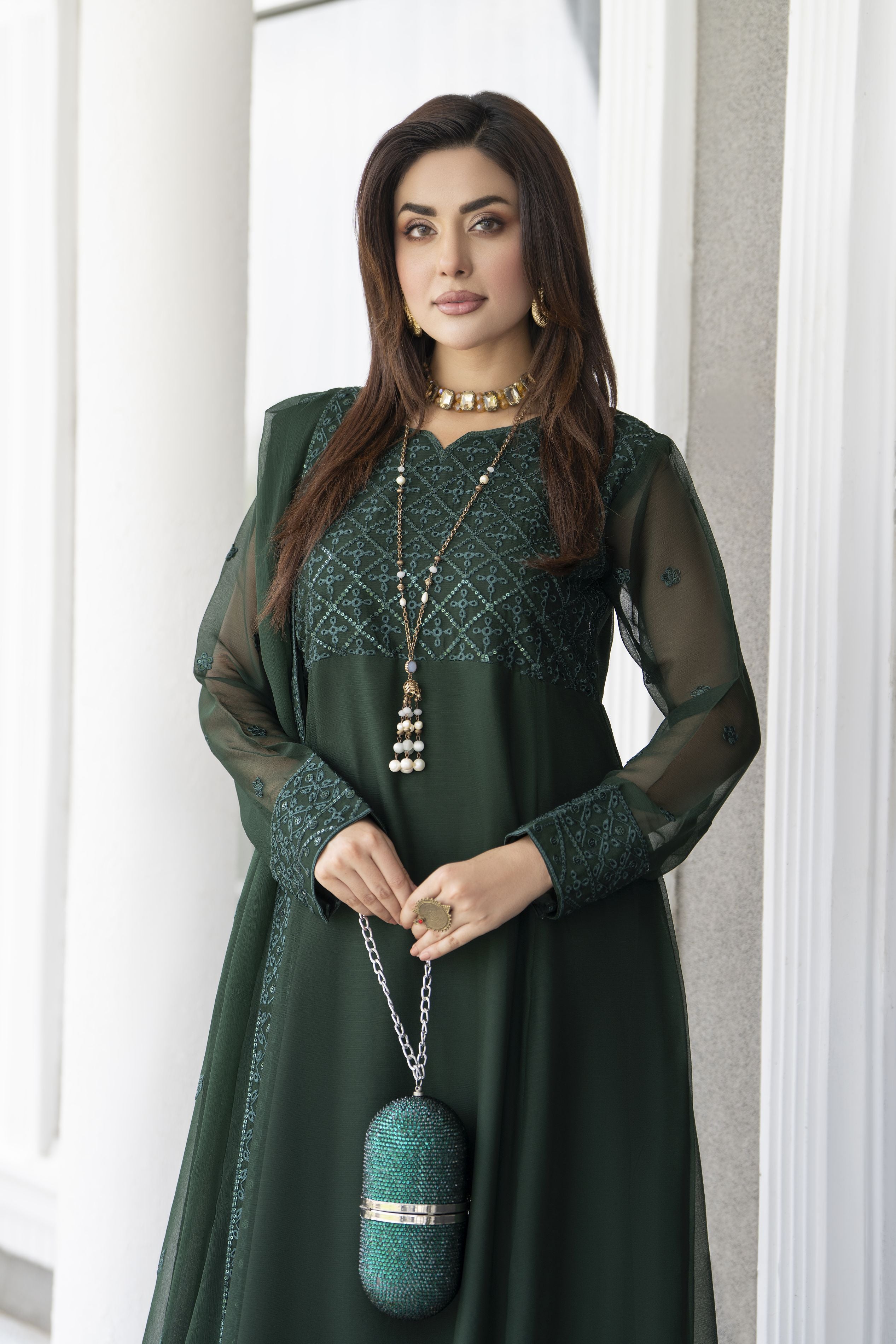 Gul Warun Lustre Chiffon – 3pc Ready to Wear Emerald Green Long Frock Dress LSG6