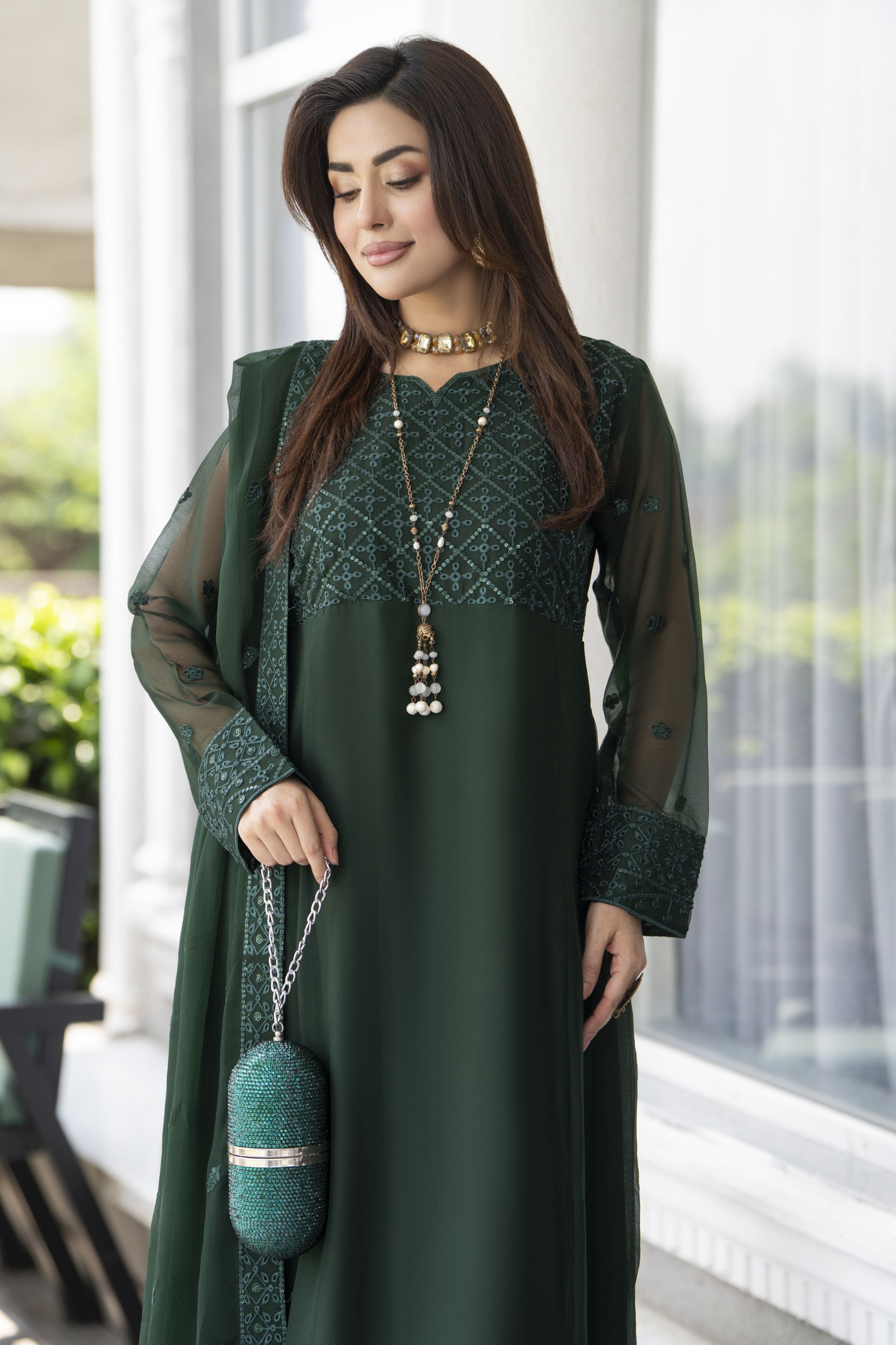 Gul Warun Lustre Chiffon – 3pc Ready to Wear Emerald Green Long Frock Dress LSG6