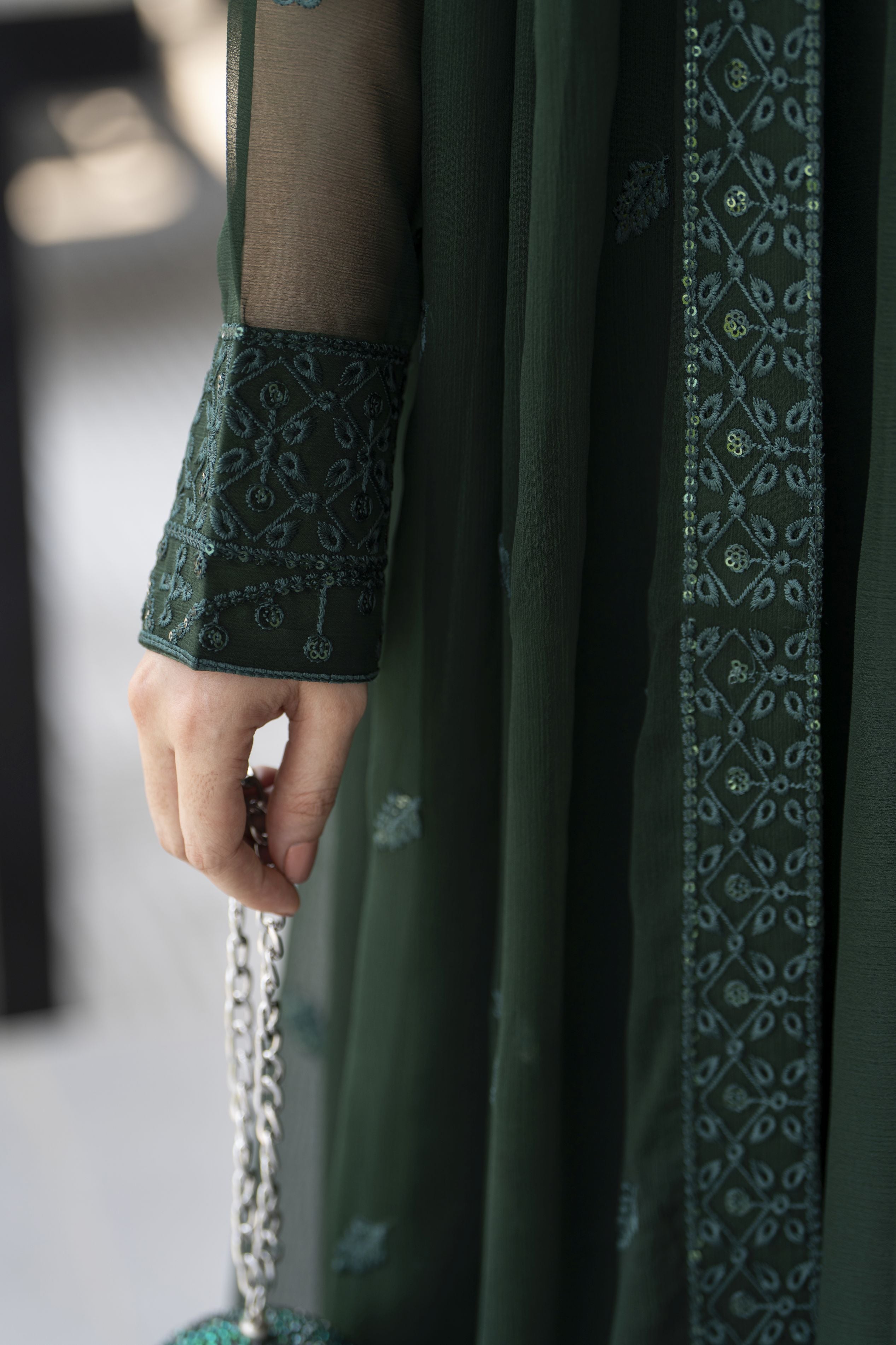 Gul Warun Lustre Chiffon – 3pc Ready to Wear Emerald Green Long Frock Dress LSG6