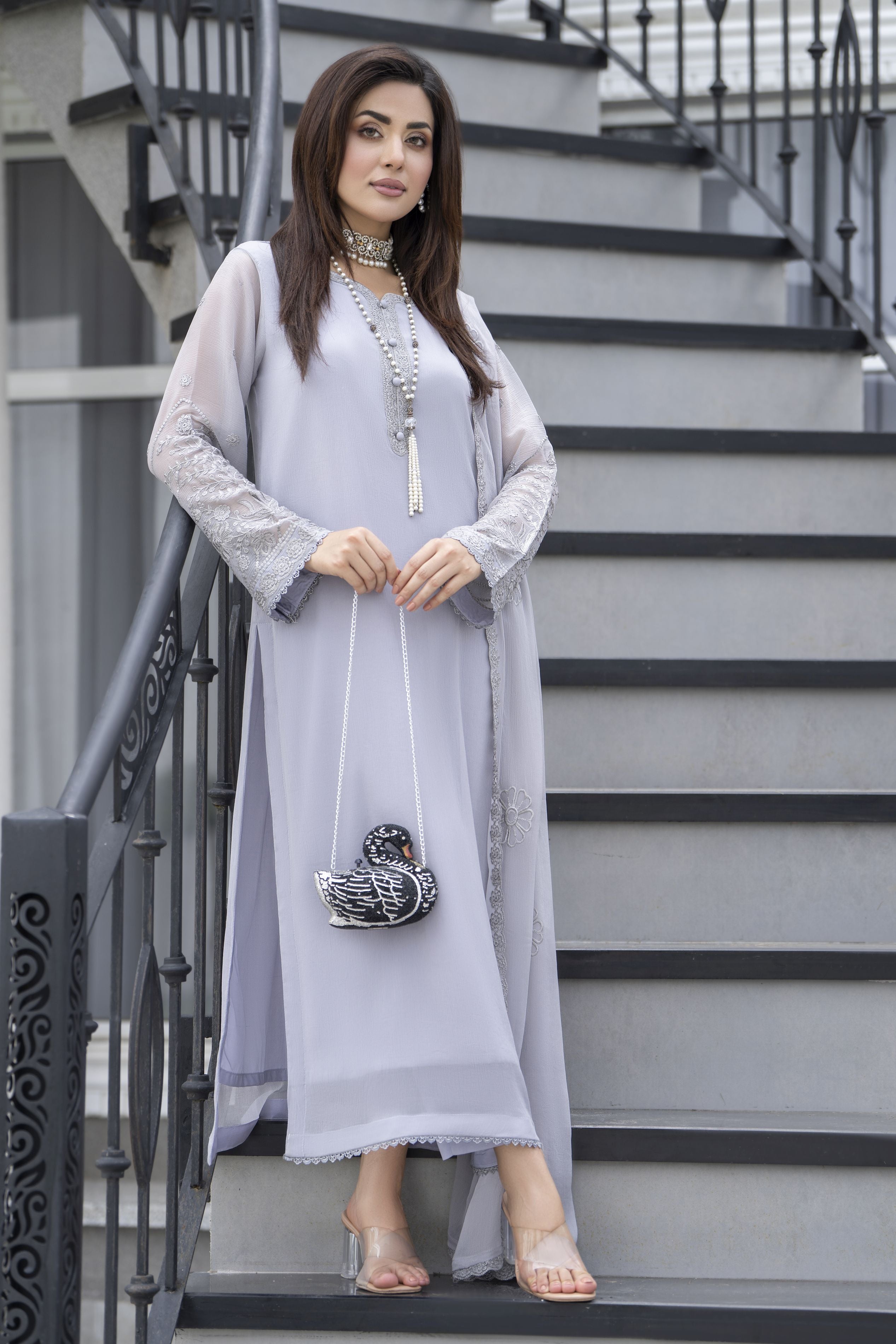 Gul Warun Lustre Chiffon – 3pc Ready to Wear Grey Embroidered Chiffon Dress LSG3