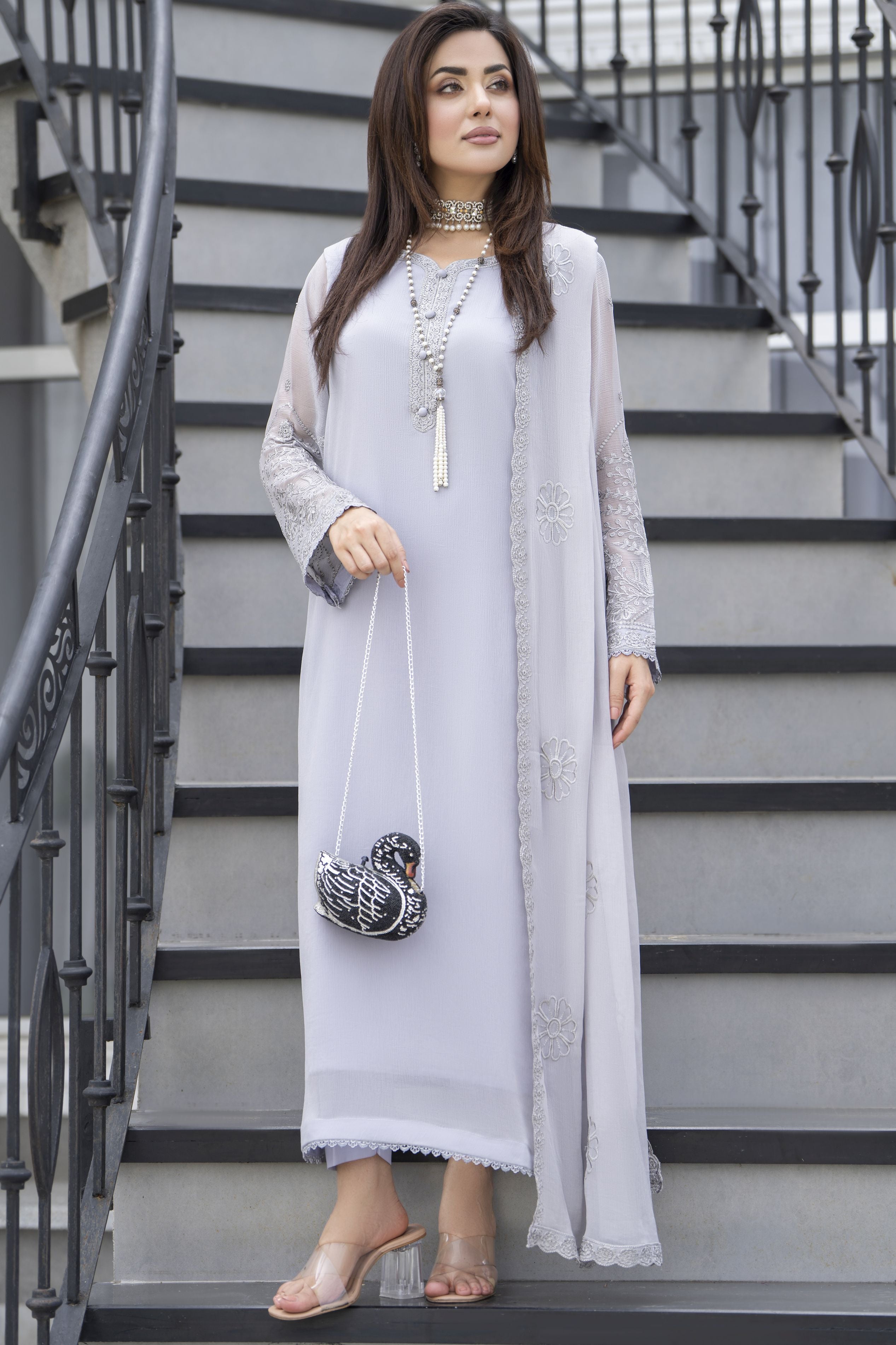 Gul Warun Lustre Chiffon – 3pc Ready to Wear Grey Embroidered Chiffon Dress LSG3