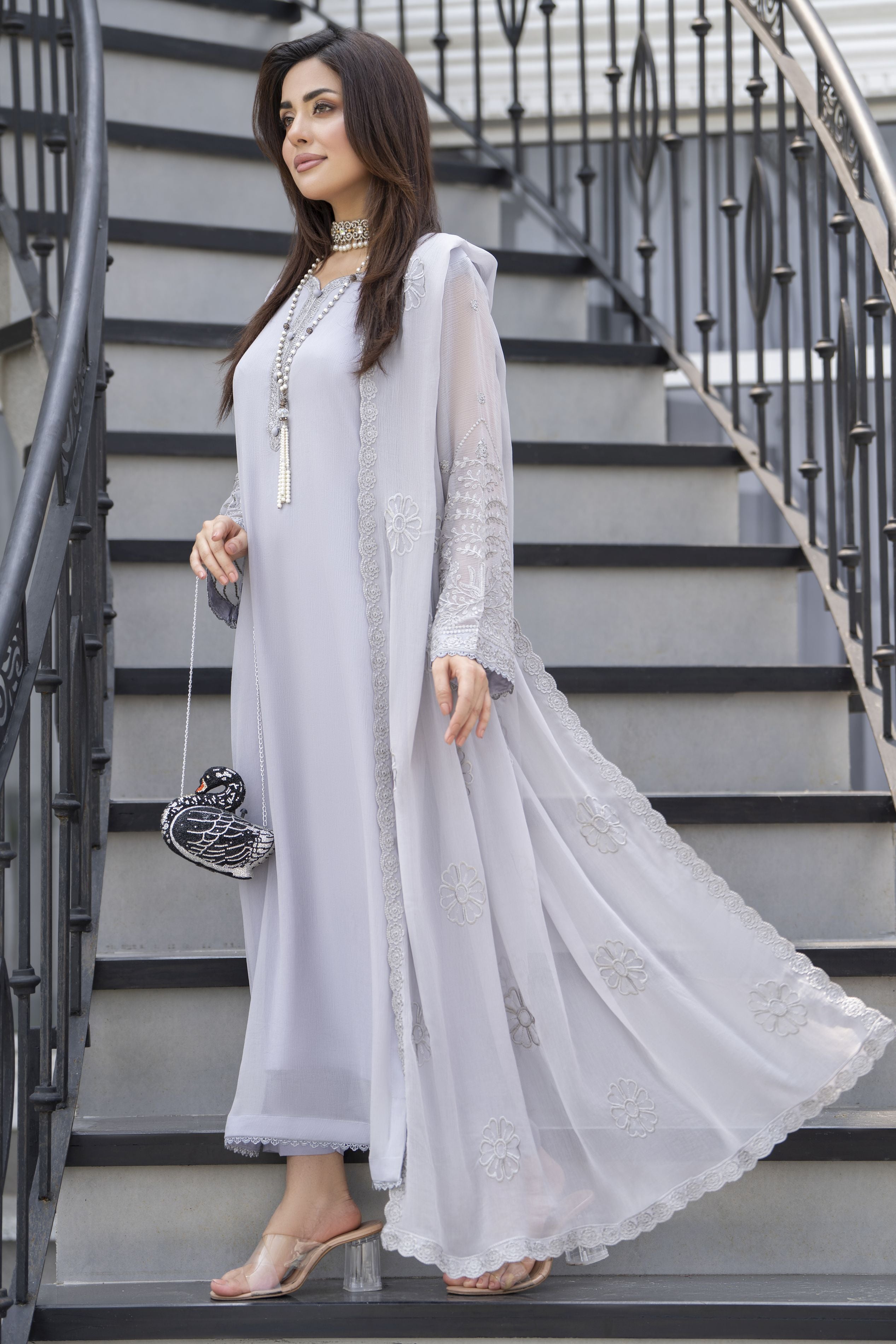 Gul Warun Lustre Chiffon – 3pc Ready to Wear Grey Embroidered Chiffon Dress LSG3