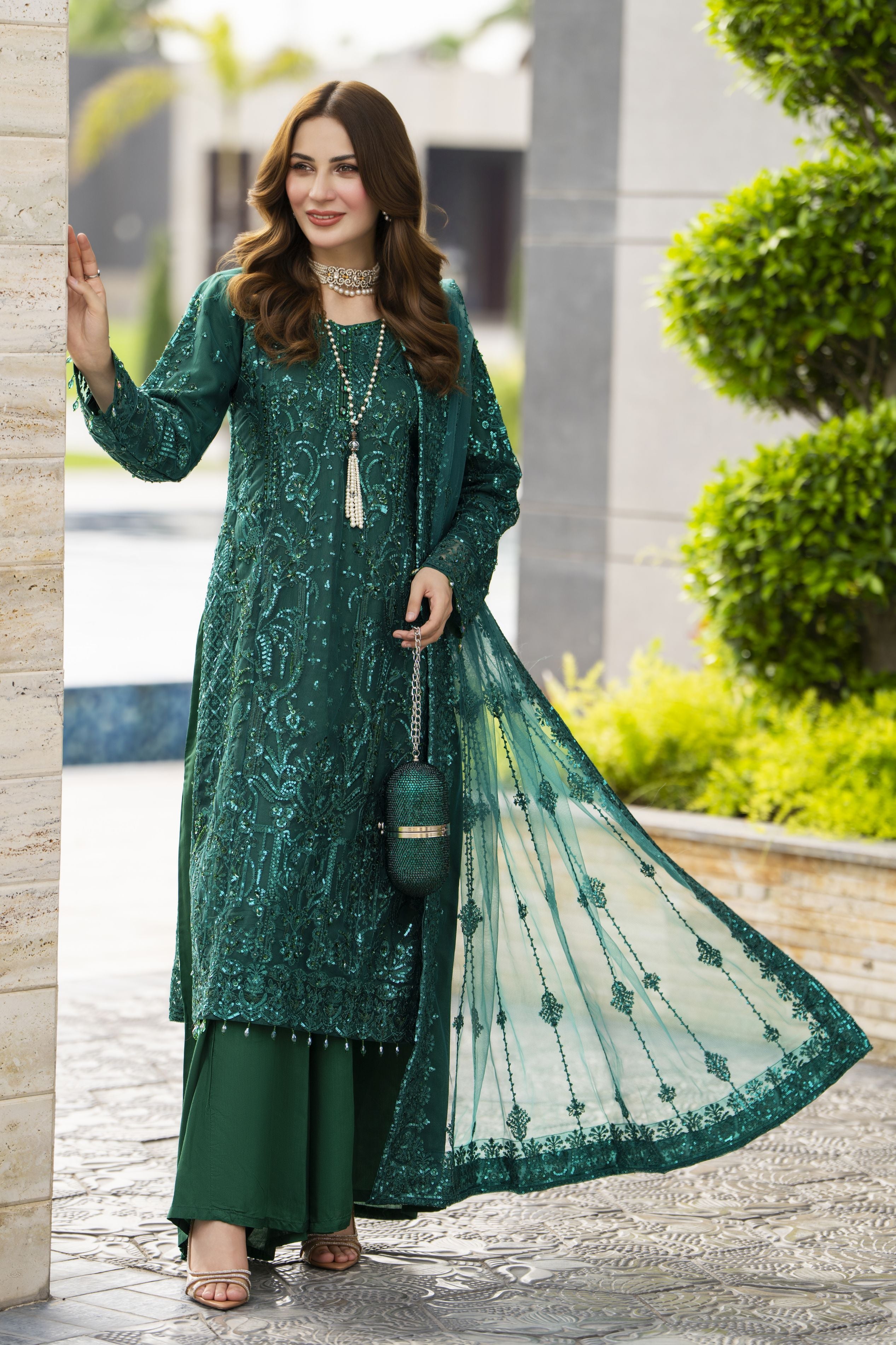Emerald Green Net Embroidered 3pc Sharara Dress with Handwork by SILVER SBS9