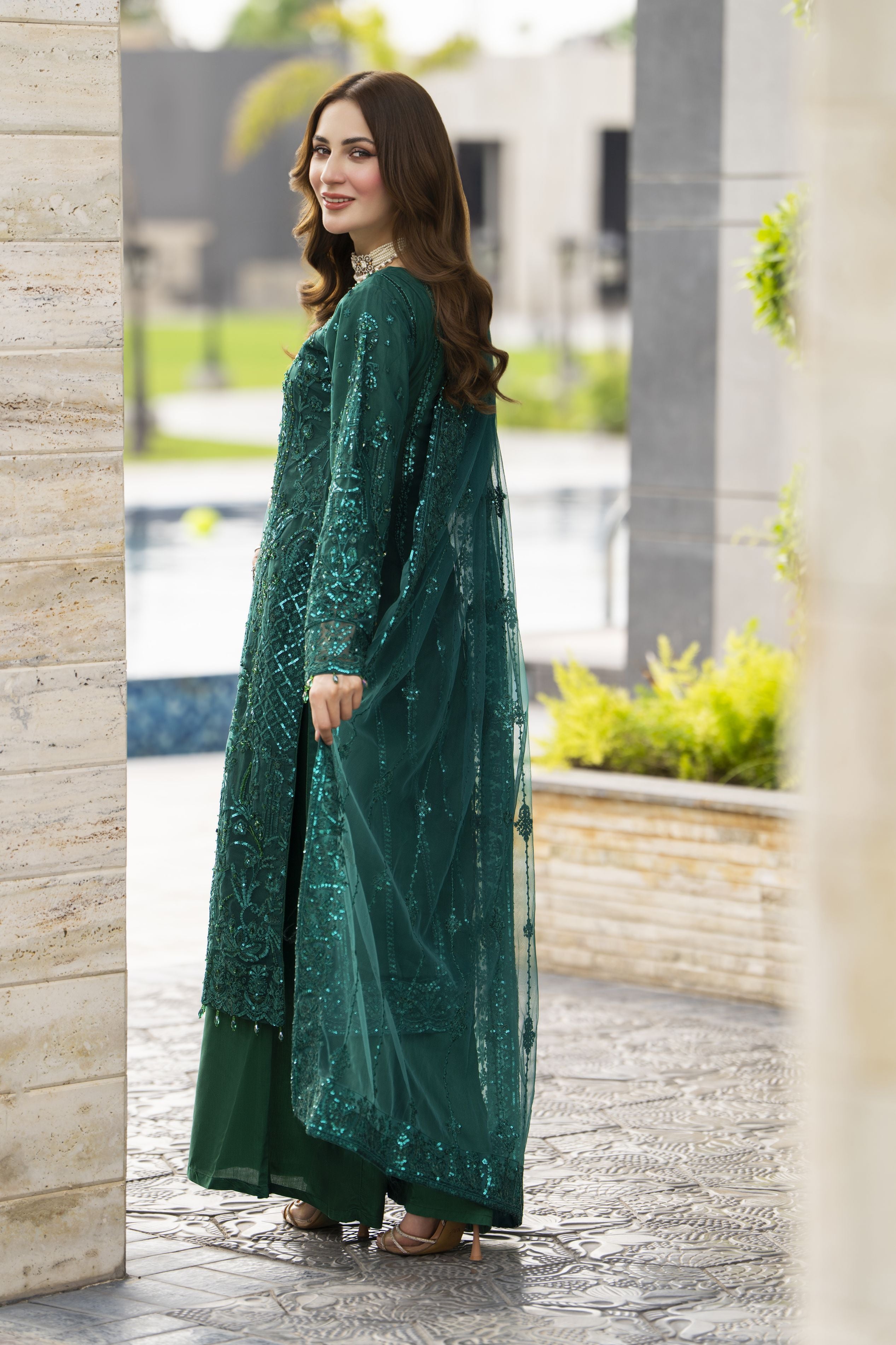 Emerald Green Net Embroidered 3pc Sharara Dress with Handwork by SILVER SBS9