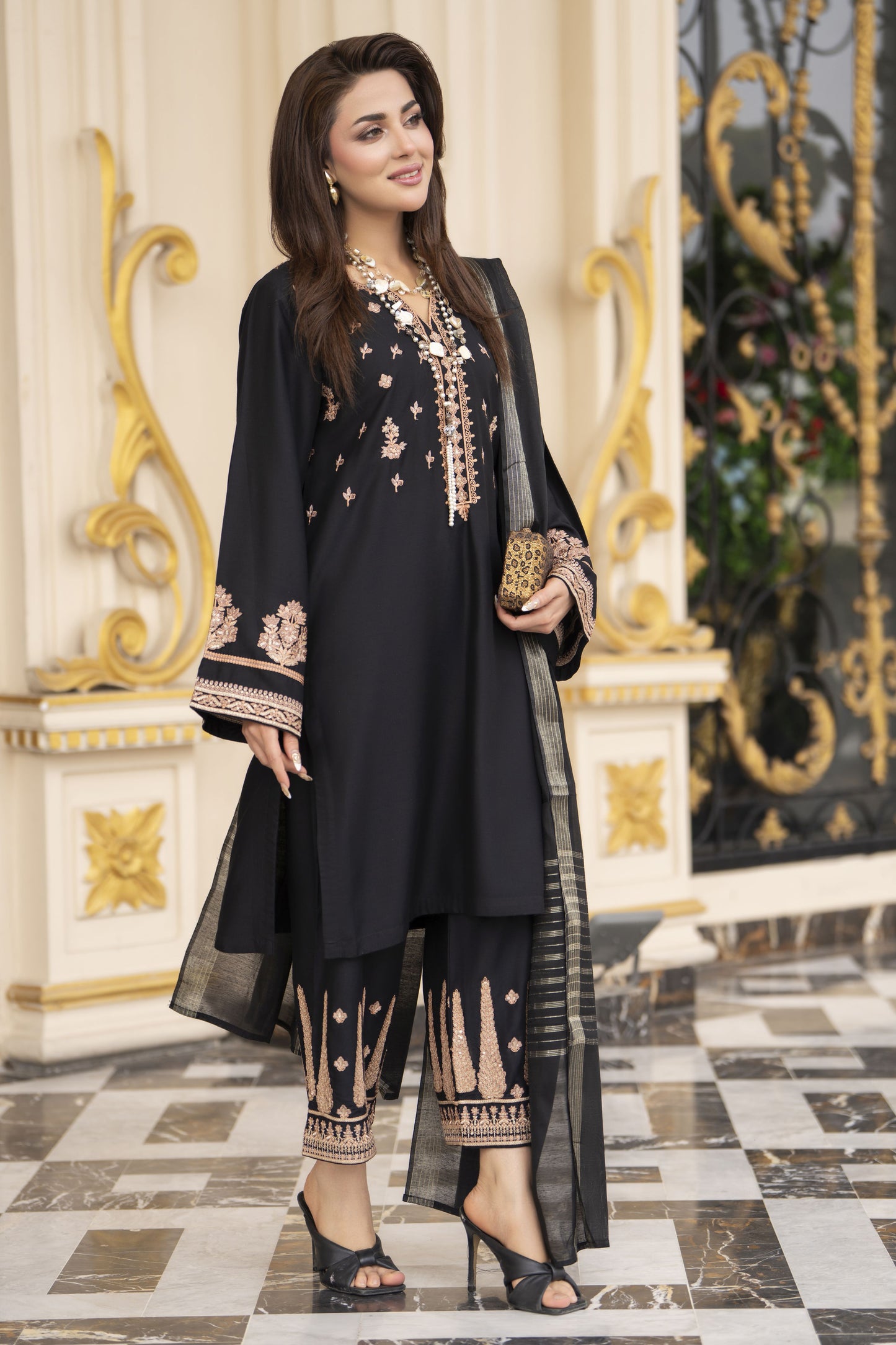 3pc Embroidered Linen Suit with Jacquard Dupatta Soraya SBH7