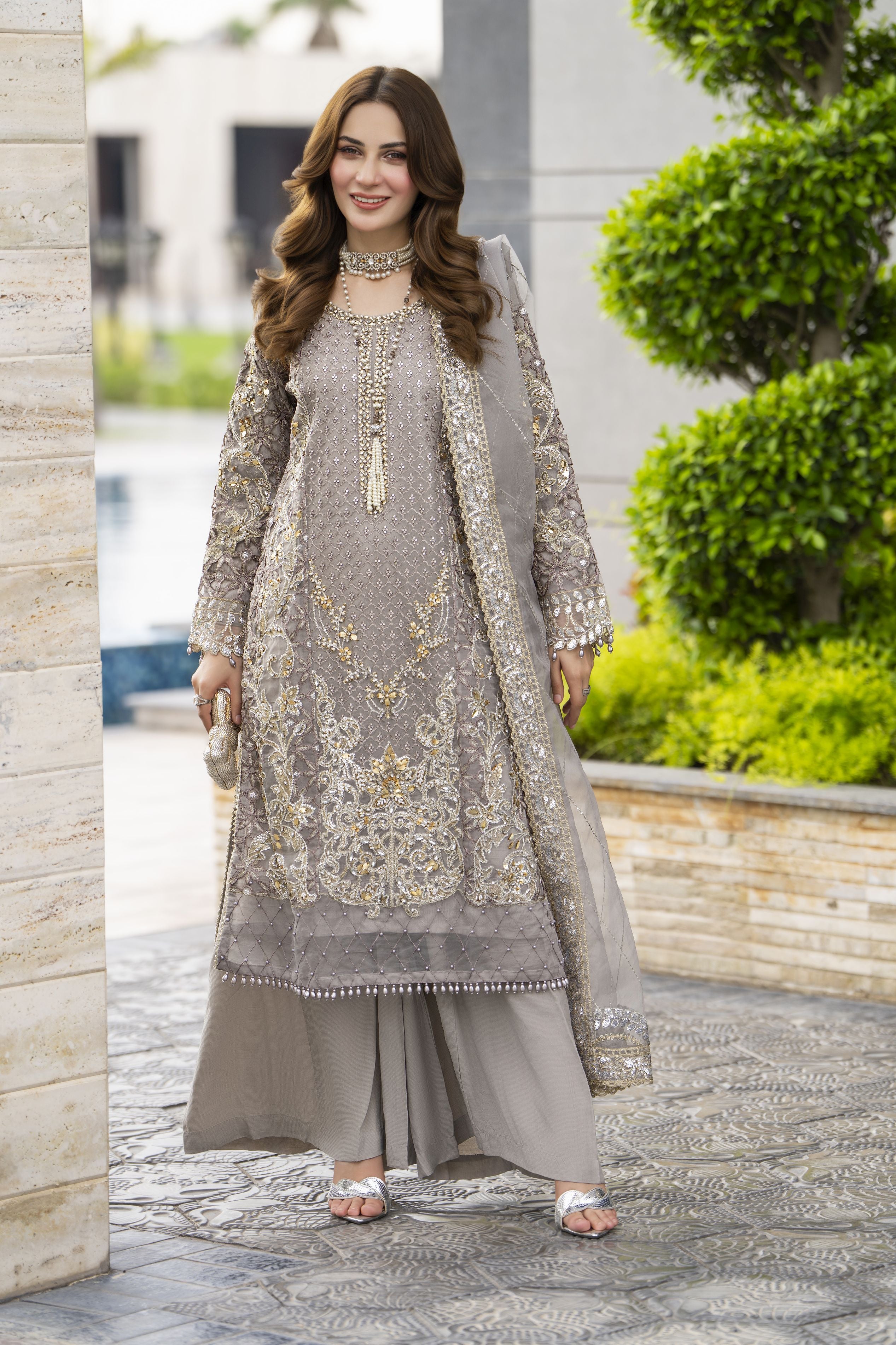 Taupe Grey Embroidered 3pc Grip Sharara Dress with Organza Dupatta by SILVER SBS10