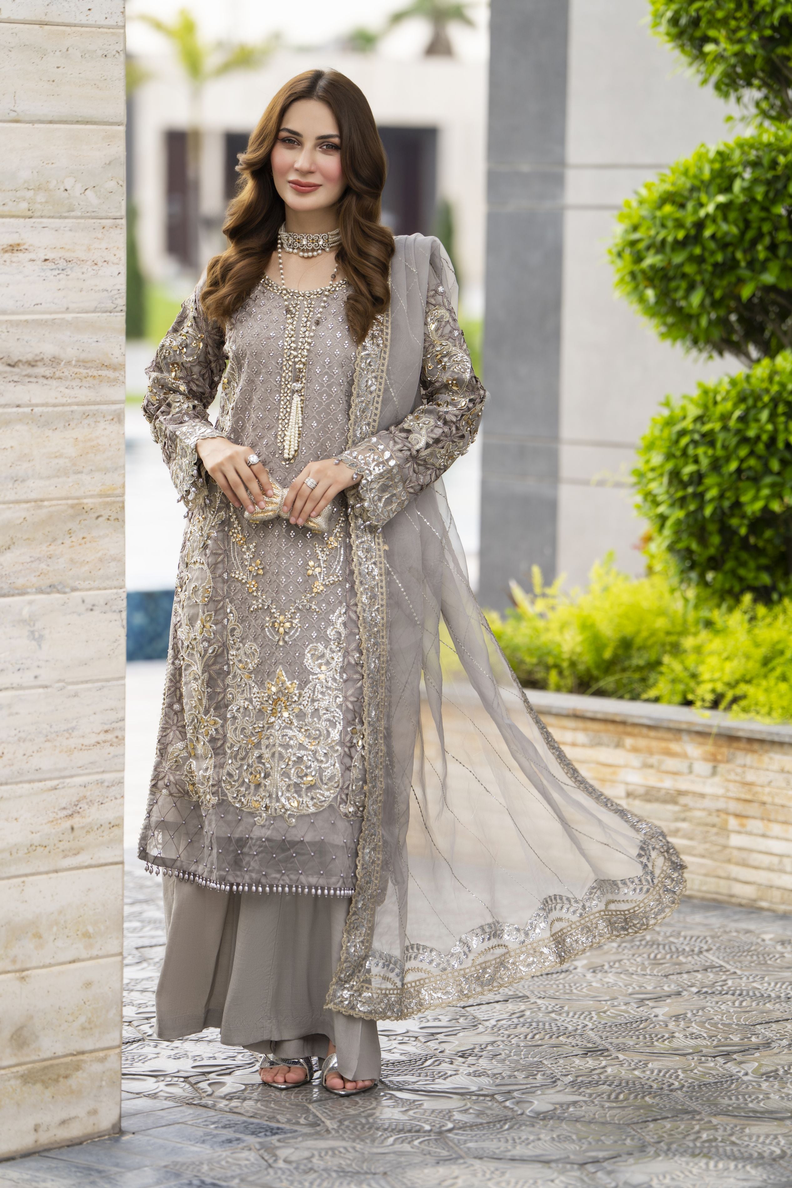 Taupe Grey Embroidered 3pc Grip Sharara Dress with Organza Dupatta by SILVER SBS10