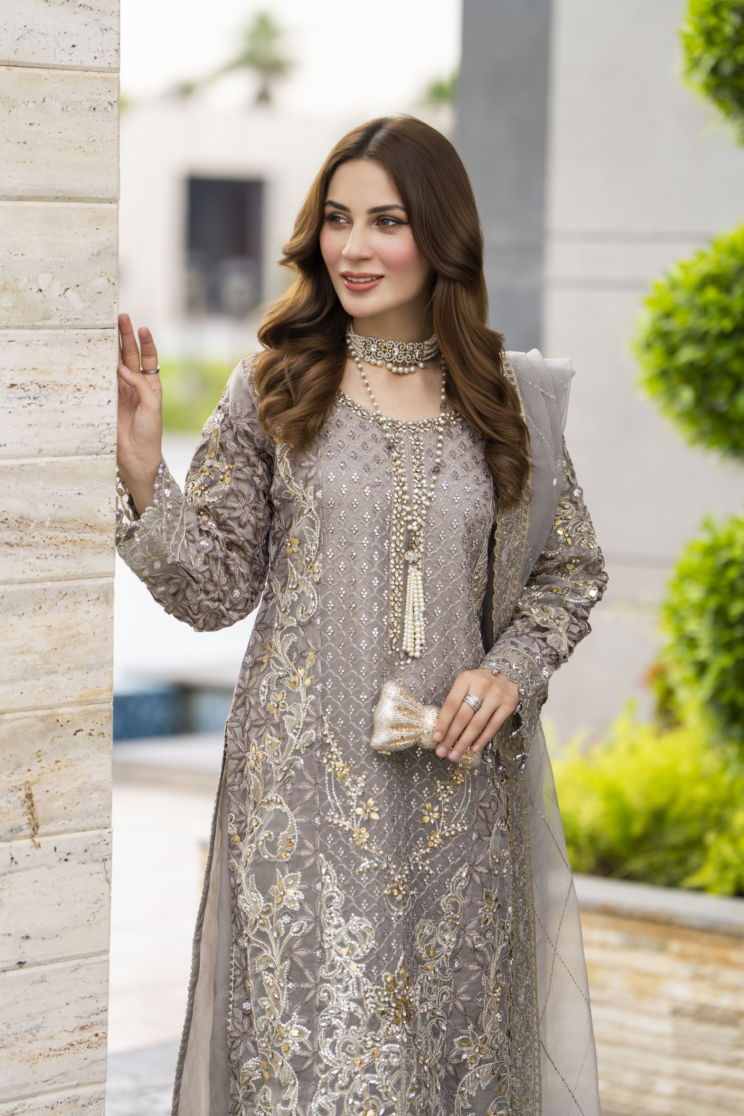 Taupe Grey Embroidered 3pc Grip Sharara Dress with Organza Dupatta by SILVER SBS10