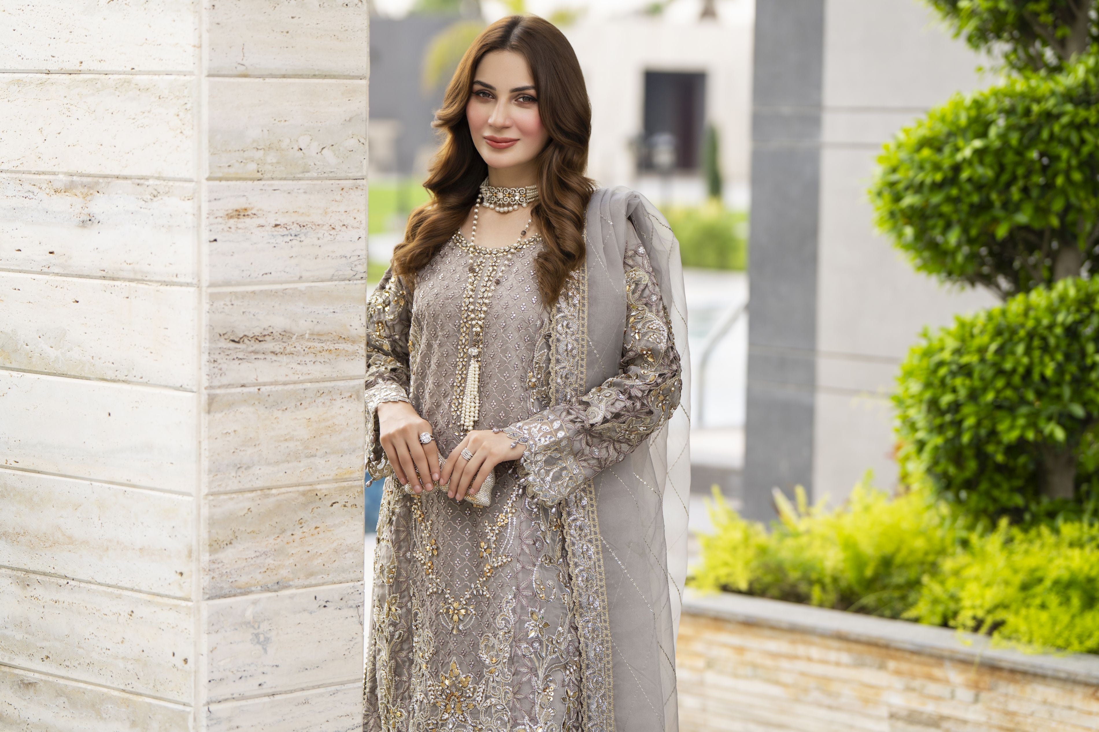Taupe Grey Embroidered 3pc Grip Sharara Dress with Organza Dupatta by SILVER SBS10