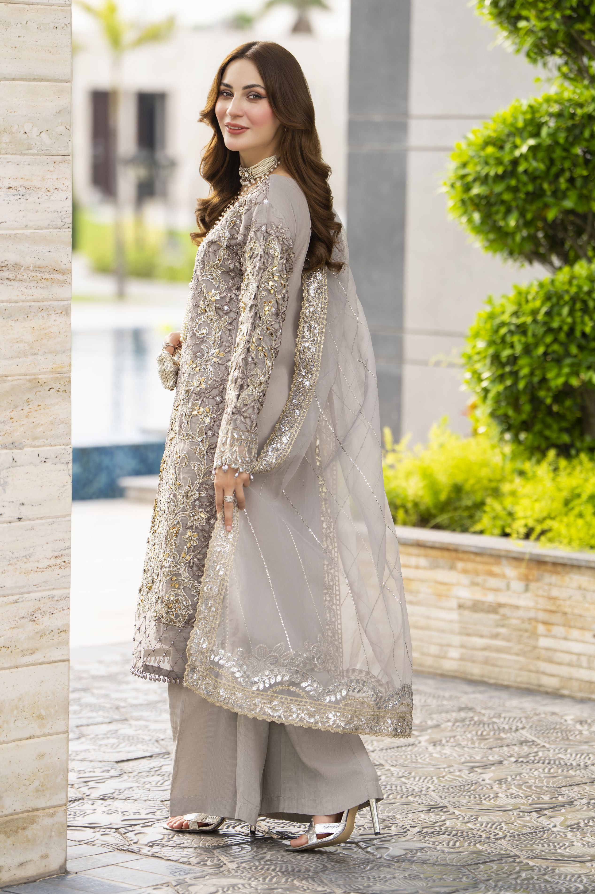Taupe Grey Embroidered 3pc Grip Sharara Dress with Organza Dupatta by SILVER SBS10