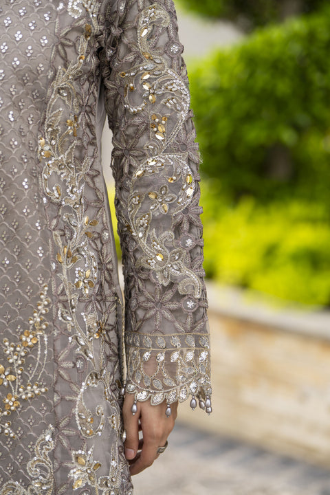 Taupe Grey Embroidered 3pc Grip Sharara Dress with Organza Dupatta by SILVER SBS10