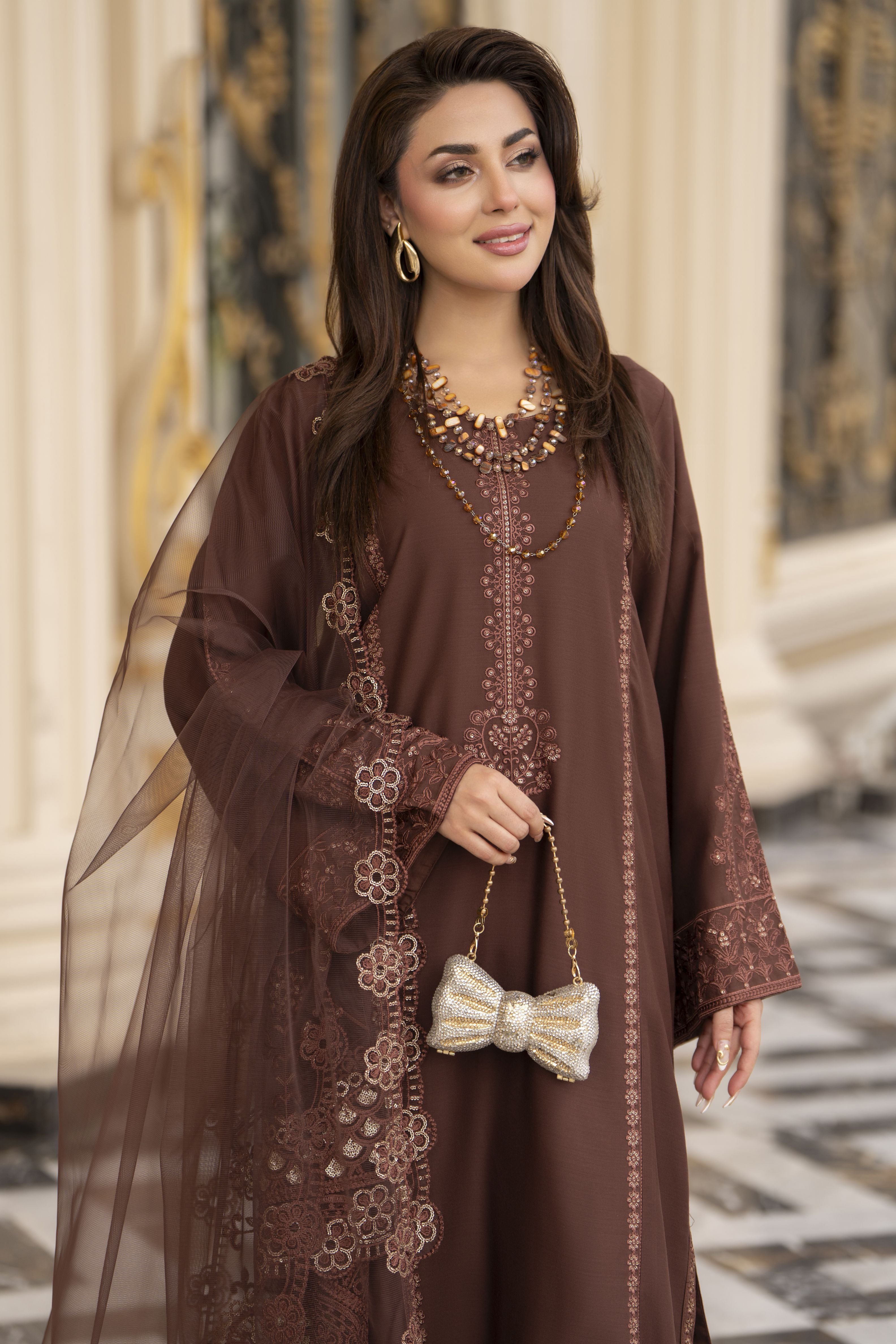 3pc Embroidered Linen Suit with Net Dupatta Soraya SBH3