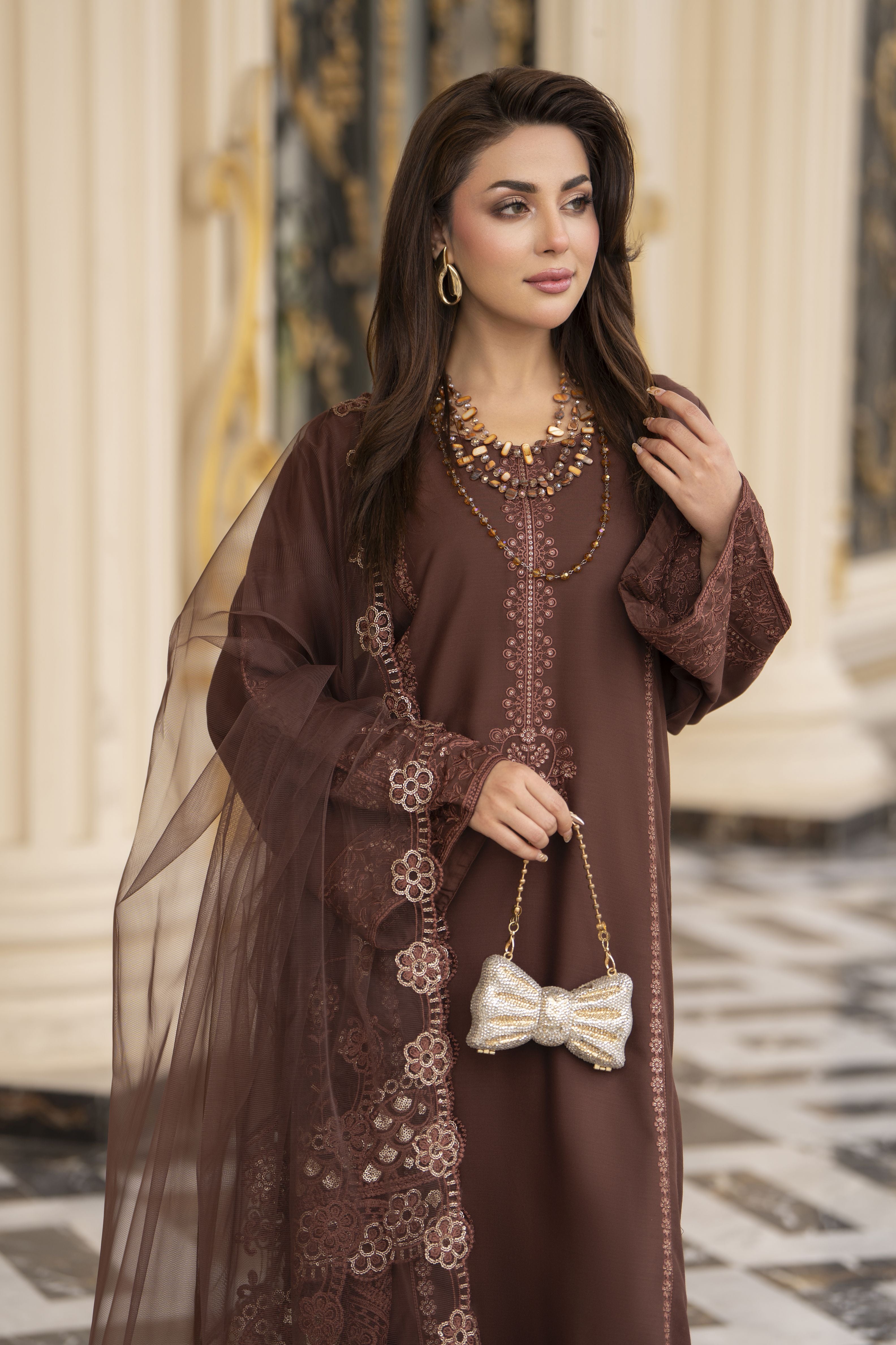 3pc Embroidered Linen Suit with Net Dupatta Soraya SBH3