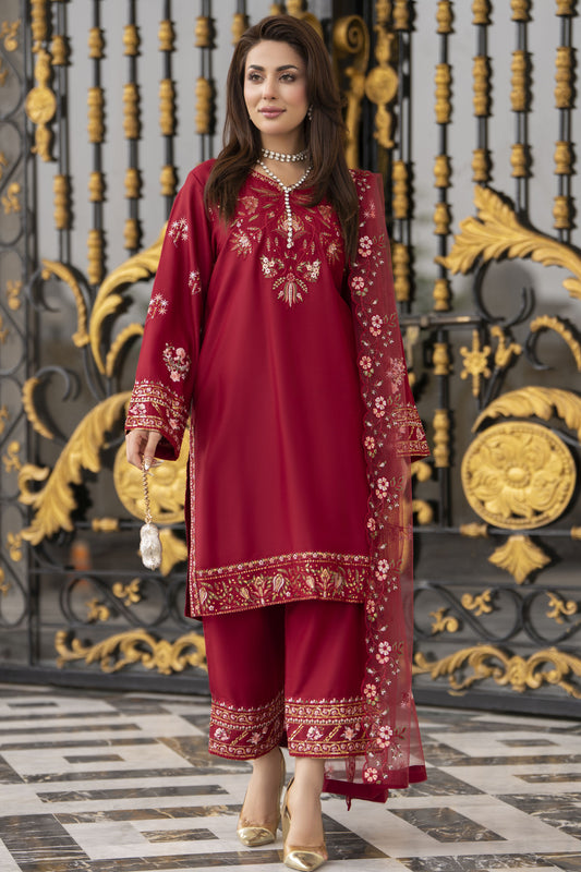 3pc Embroidered Linen Suit with Net Dupatta Soraya SBH4
