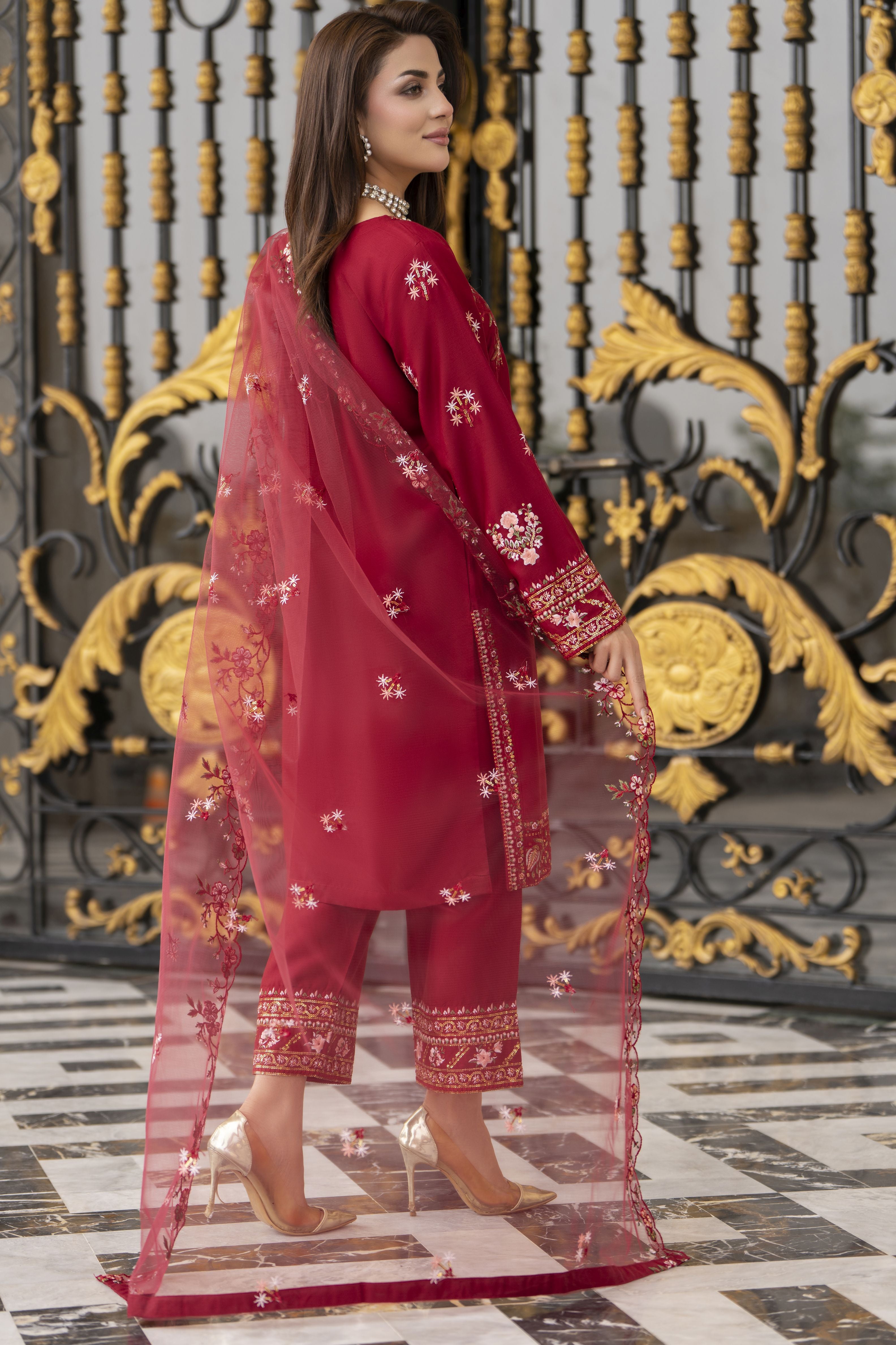 3pc Embroidered Linen Suit with Net Dupatta Soraya SBH4