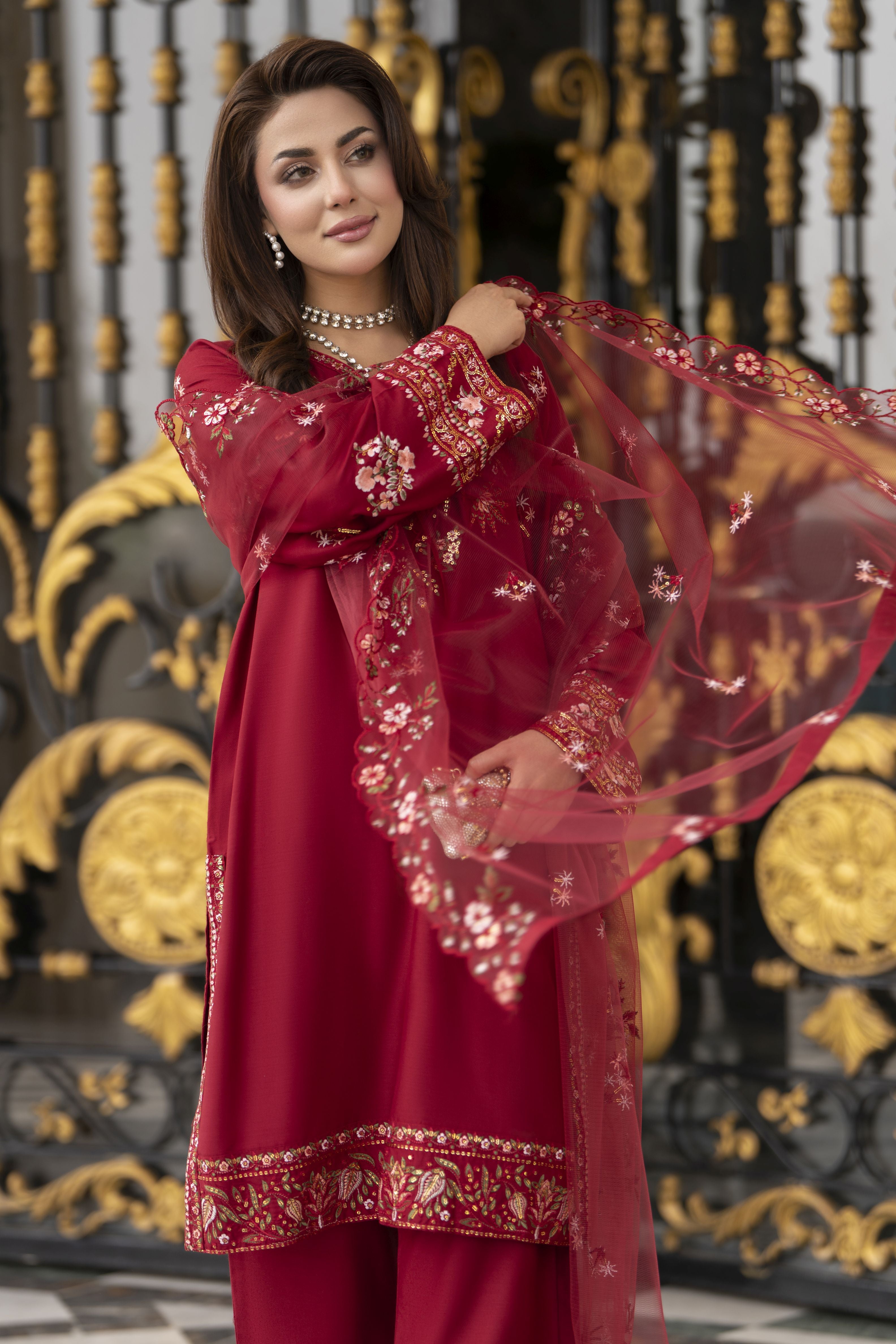 3pc Embroidered Linen Suit with Net Dupatta Soraya SBH4