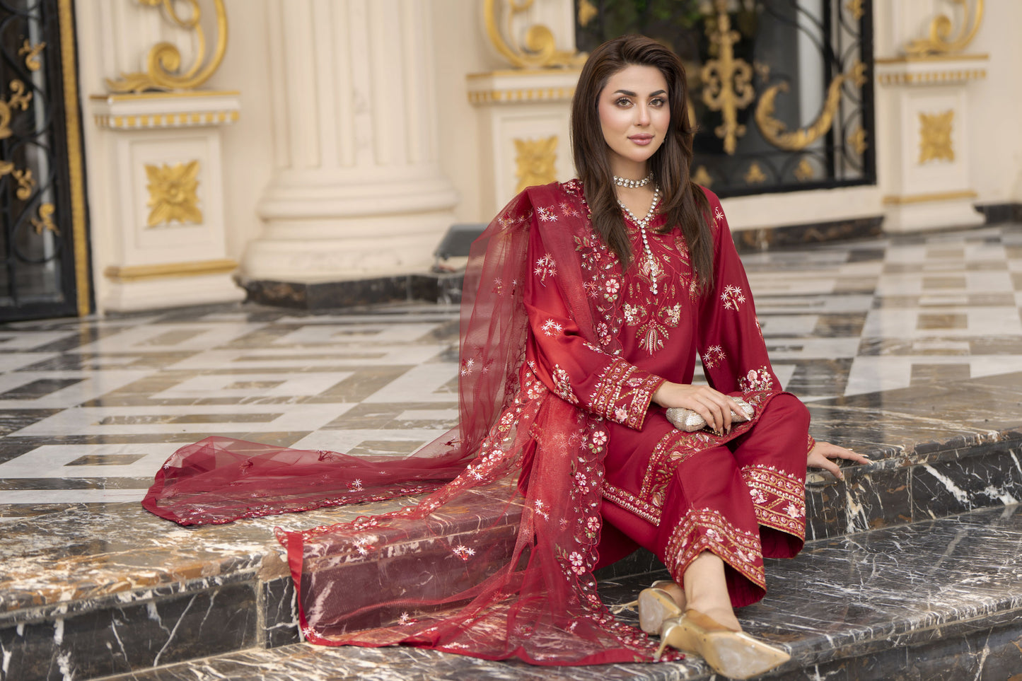 3pc Embroidered Linen Suit with Net Dupatta Soraya SBH4