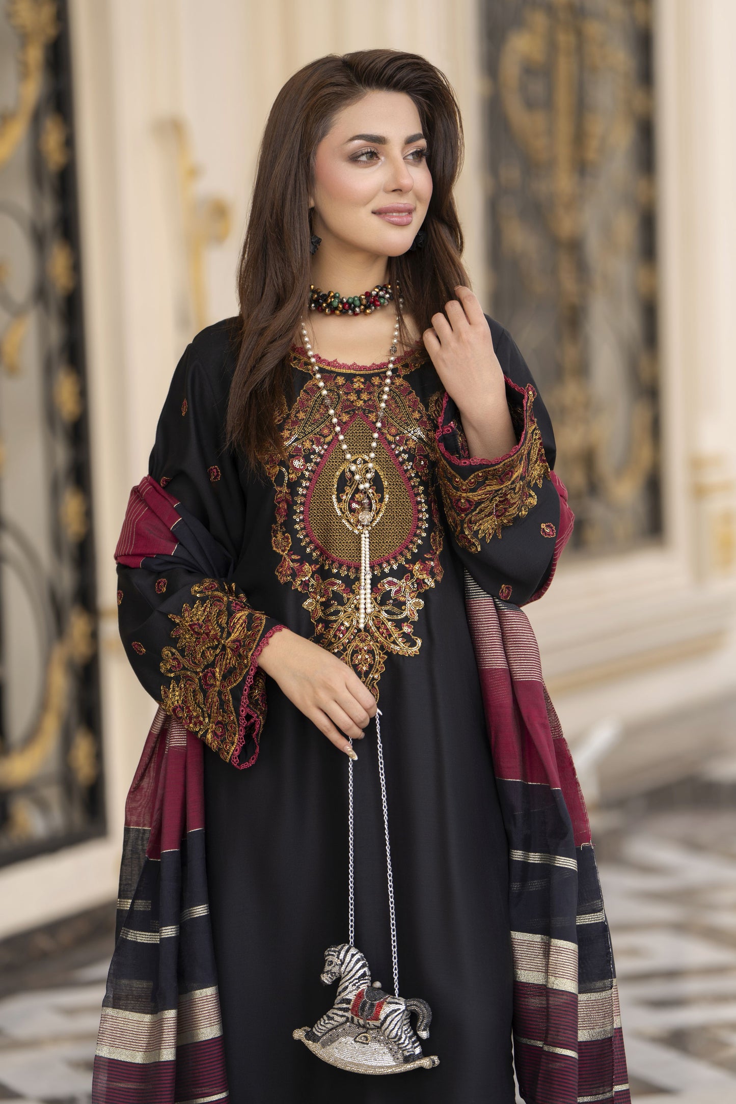 3pc Embroidered Linen Suit with Jacquard Dupatta Soraya SBH9