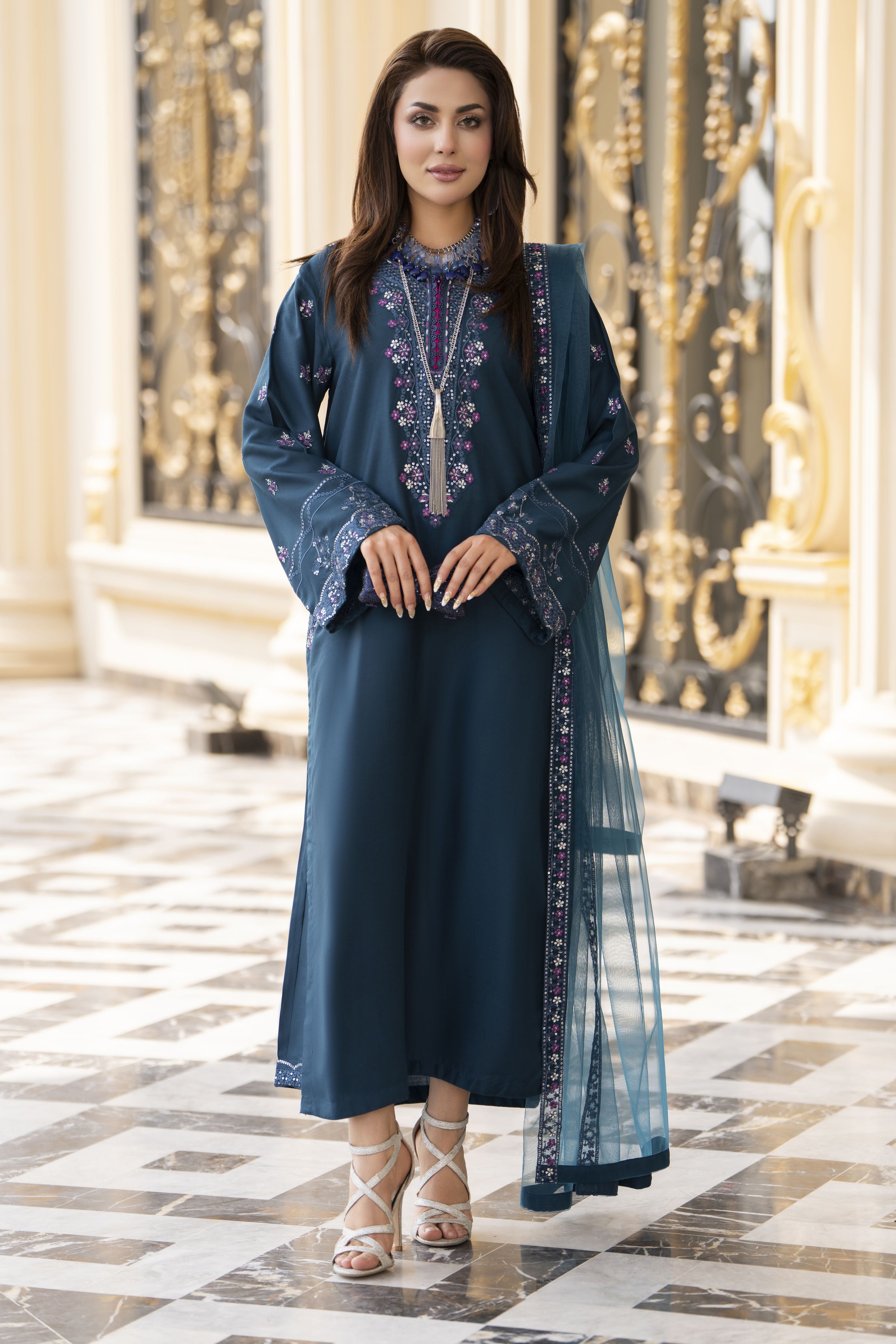 3pc Embroidered Linen Suit with Net Dupatta Soraya SBH5