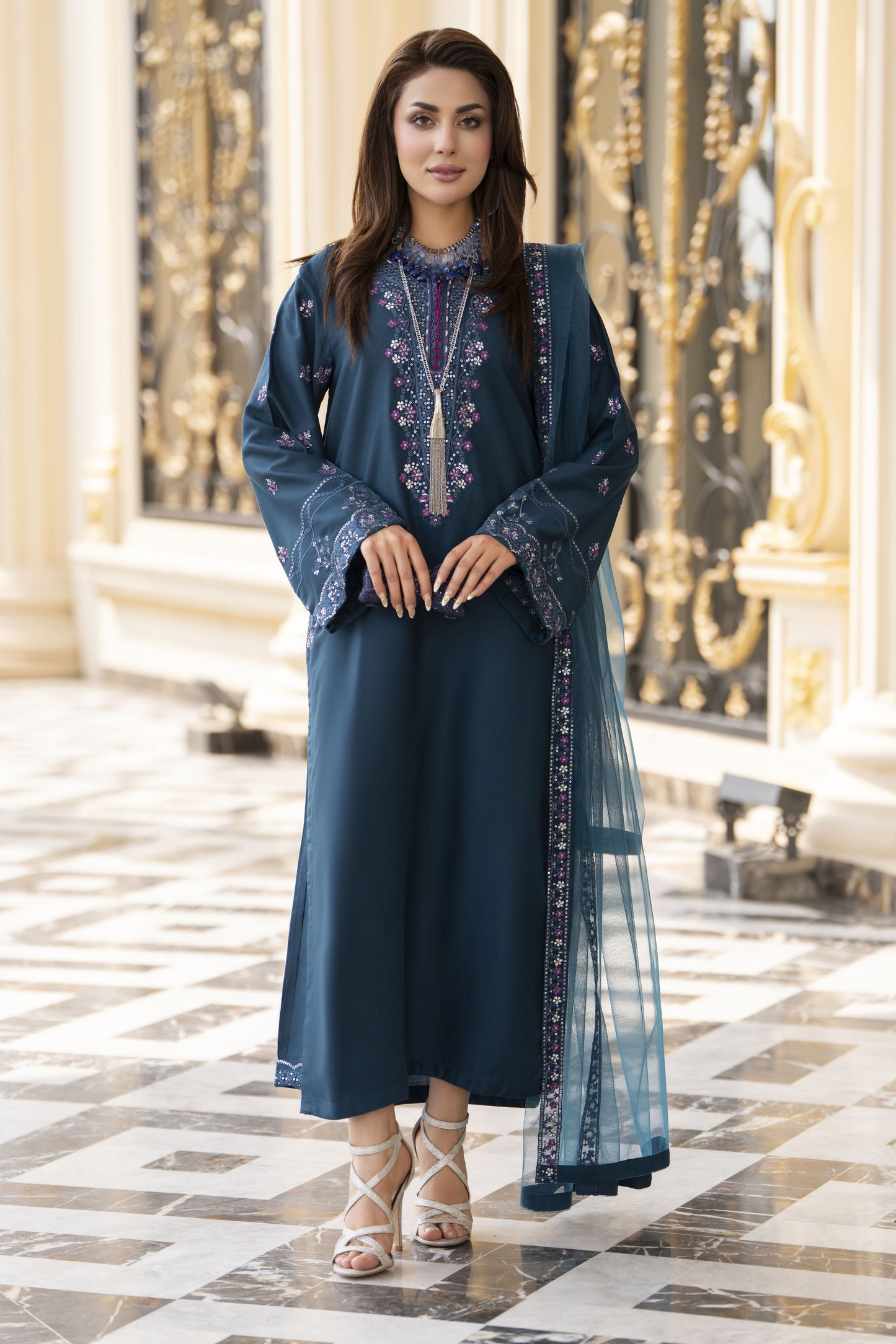 3pc Embroidered Linen Suit with Net Dupatta Soraya SBH5