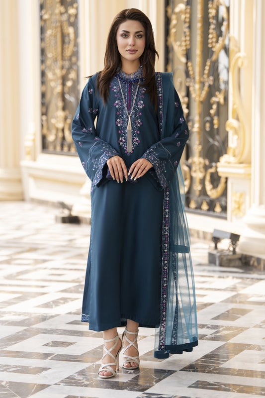3pc Embroidered Linen Suit with Net Dupatta Soraya SBH5